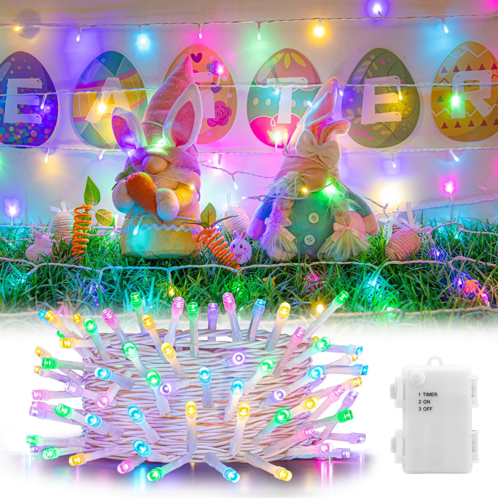 16.4ft 50LED Pastel Easter String Lights Battery Timer White Wire Fairy Garland