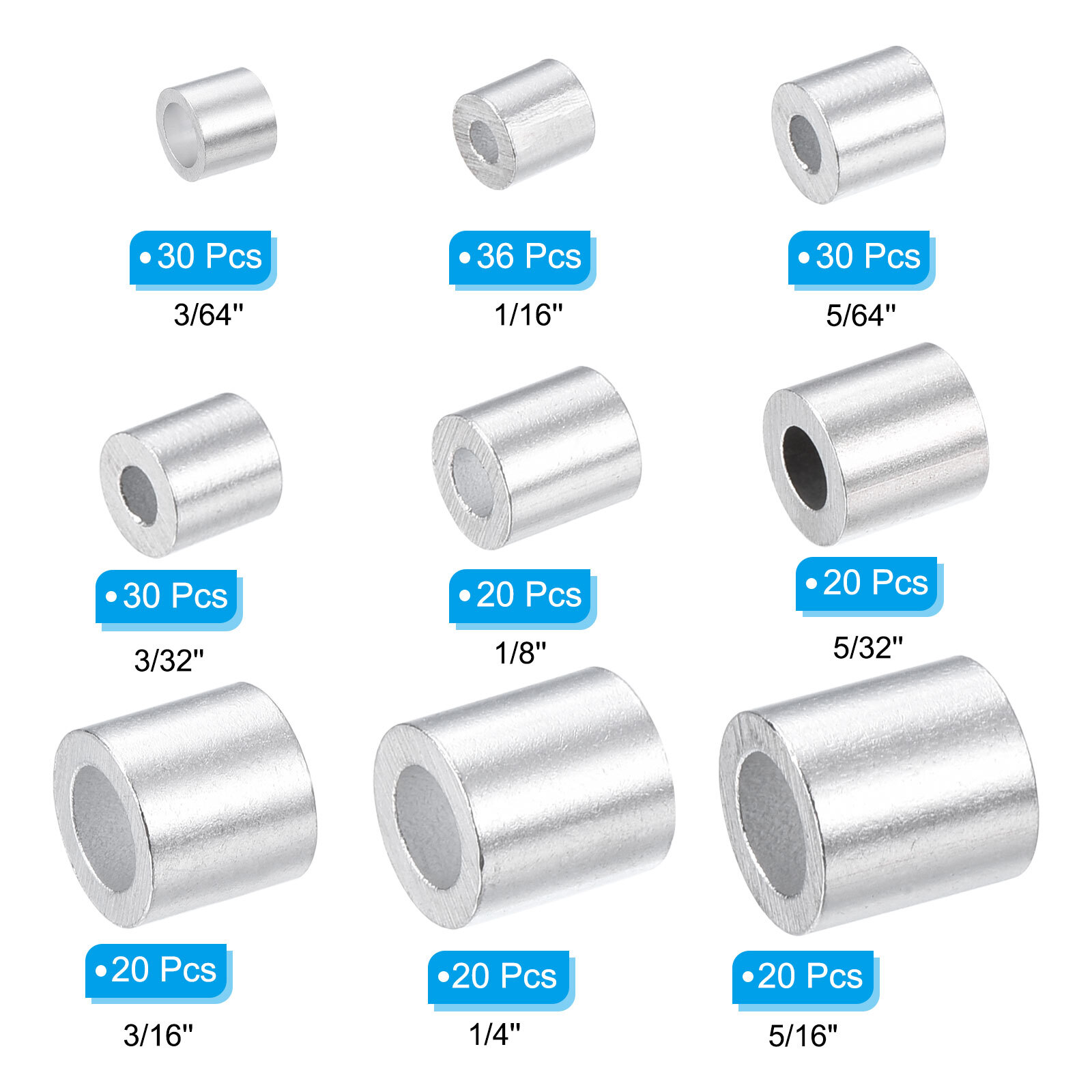220pcs Aluminum Crimping Wire Rope Stop Sleeve 9 Size 3/64"-5/16" Round Ferrule