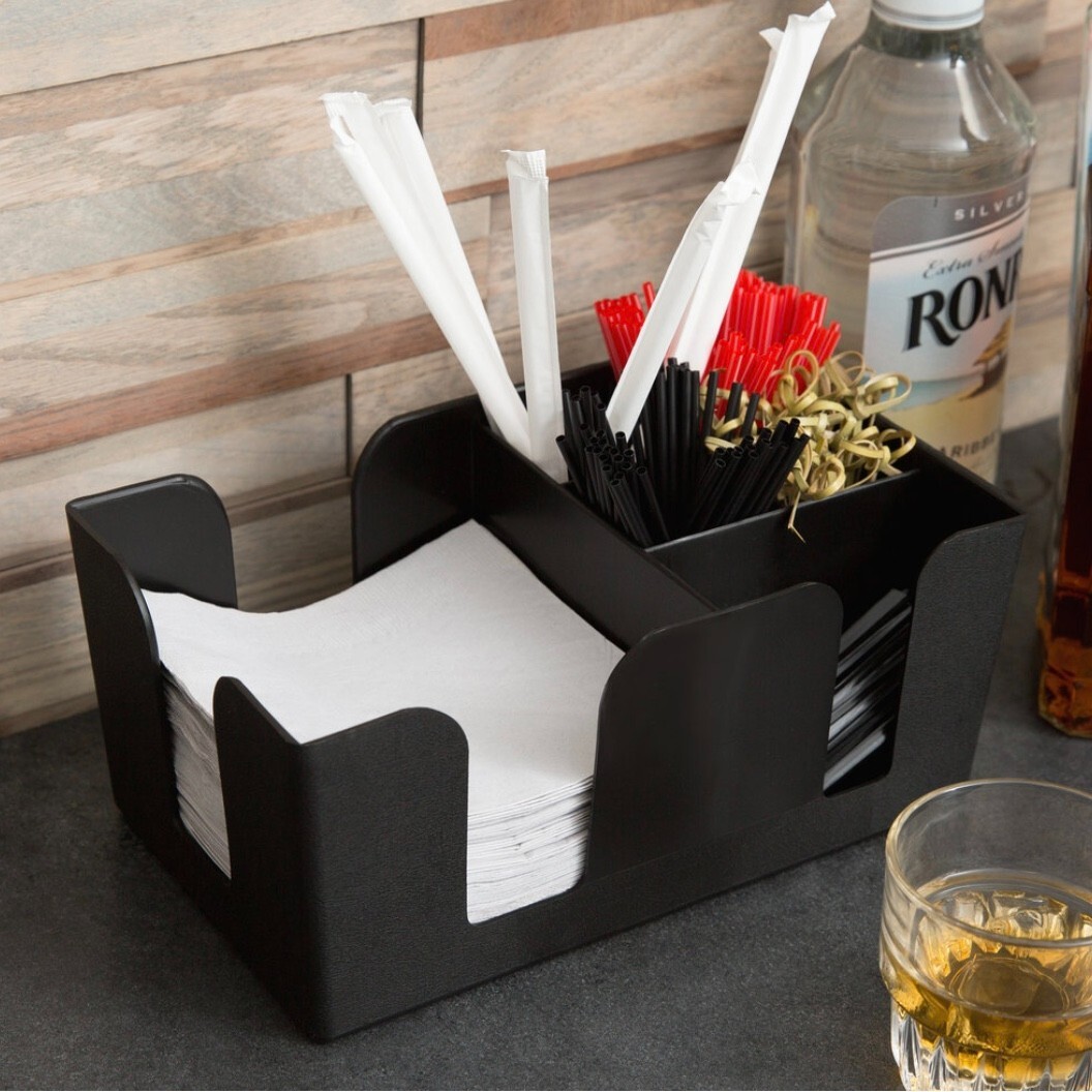 Black Plastic Bar Caddy Utensil Caddy/Holder for Napkin & Straw 6 Compartments
