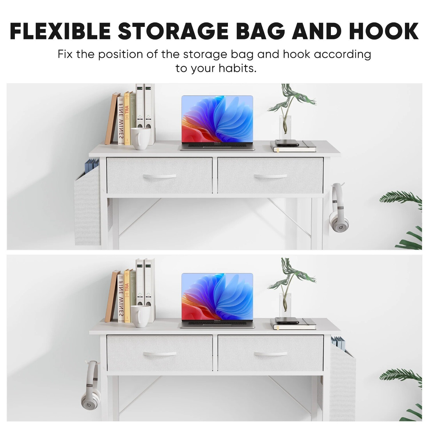 Office Computer Desk 32in Small Home Table with 2 Fabric Drawers & Side Bags