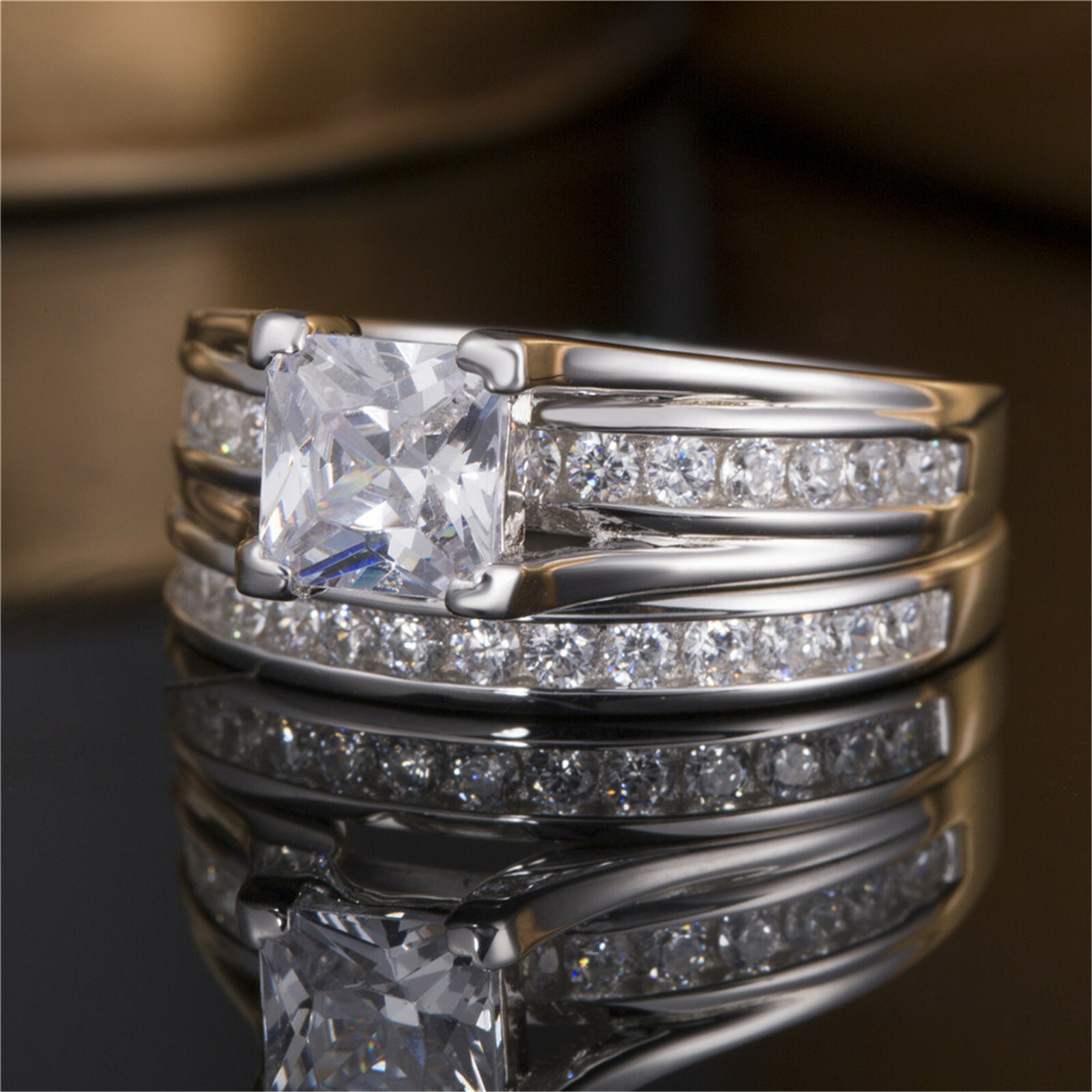 Classy Women Stainless Steel Princess Cut Wedding Engagement Ring Set Size 5-11