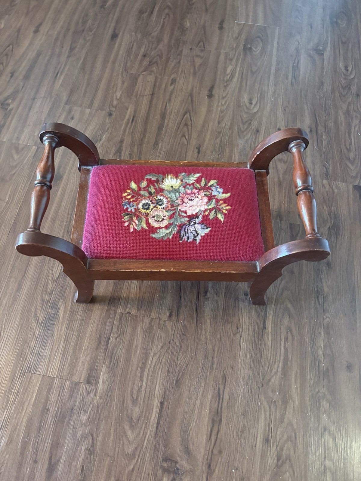 19thC Antique Victorian Footstool Bench Floral Needlepoint Petit Point