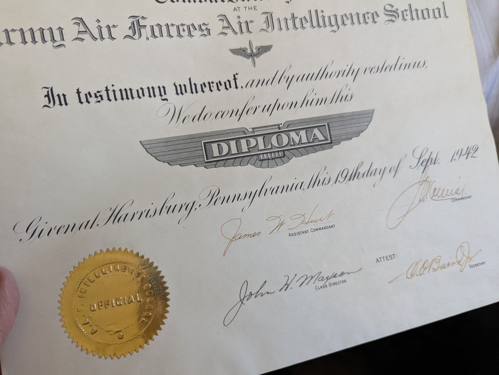 WWII USAF Capt Robert L Ward Air Intelligence School 1942 certificate 12 x 15 in