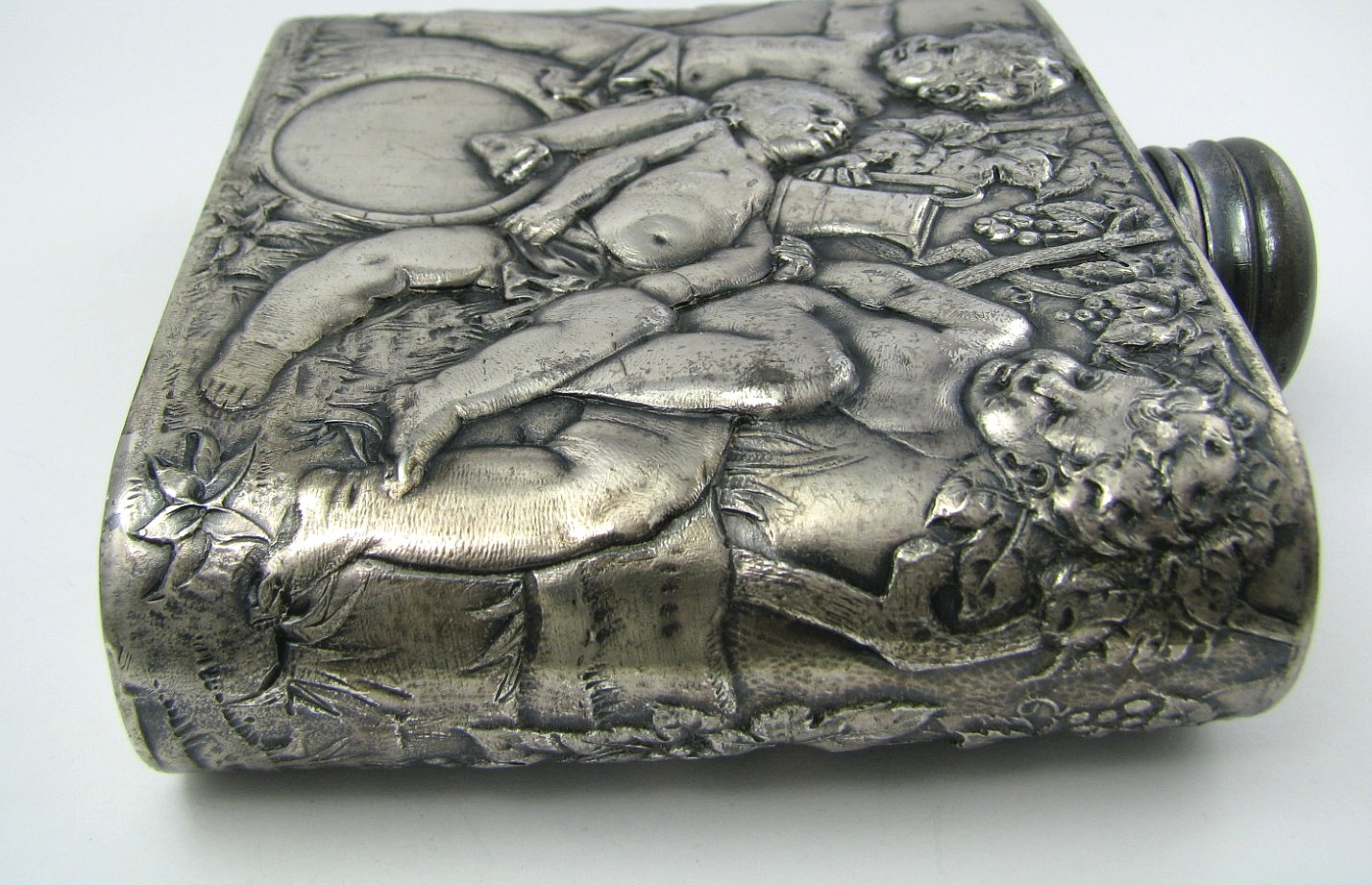 ANTIQUE SILVER PLATED FLASK LIQUOR FLASK Tipsy Cherubs Angels 1870s No Mono Rare