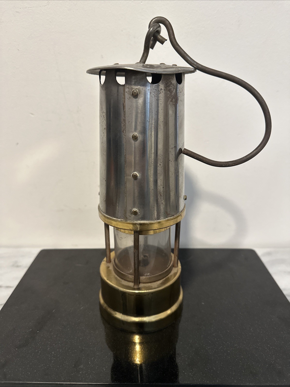 ANTIQUE MINER’S LAMP Merrisal Co. Smethwick Marking Brass Glass Insert READ