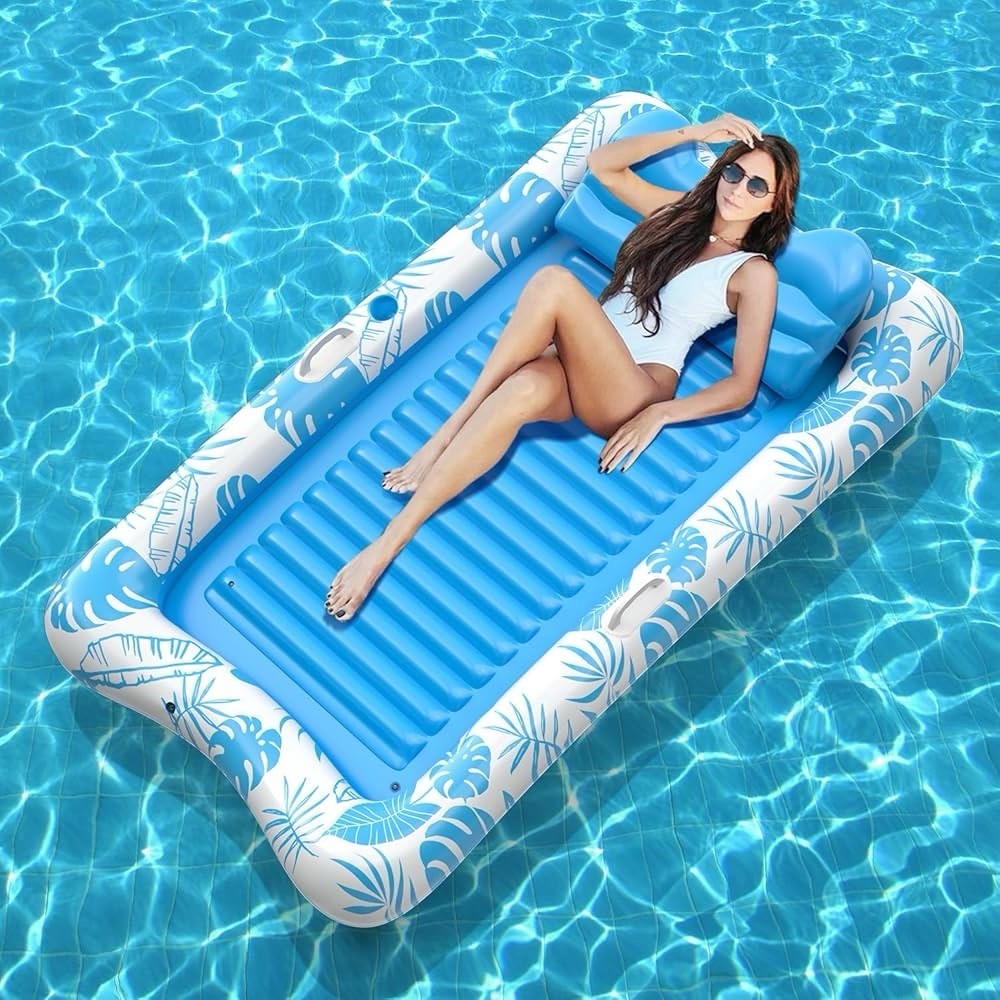 blue Color Rrtizan Inflatable Tanning Pool Float, 4-in-1 Lounge with Pillow