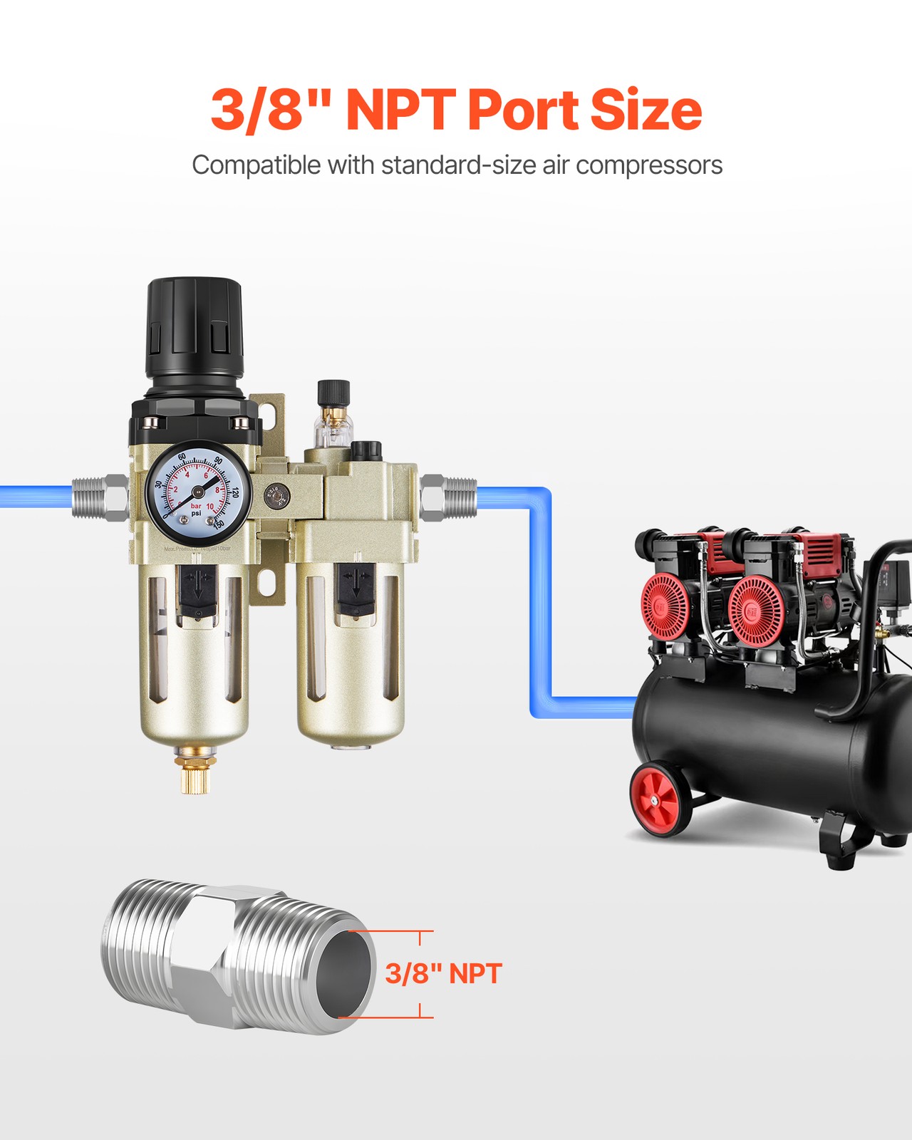VEVOR Air Compressor Filter Regulator Lubricator 3/8" NPT Semi-Auto 145PSI Max