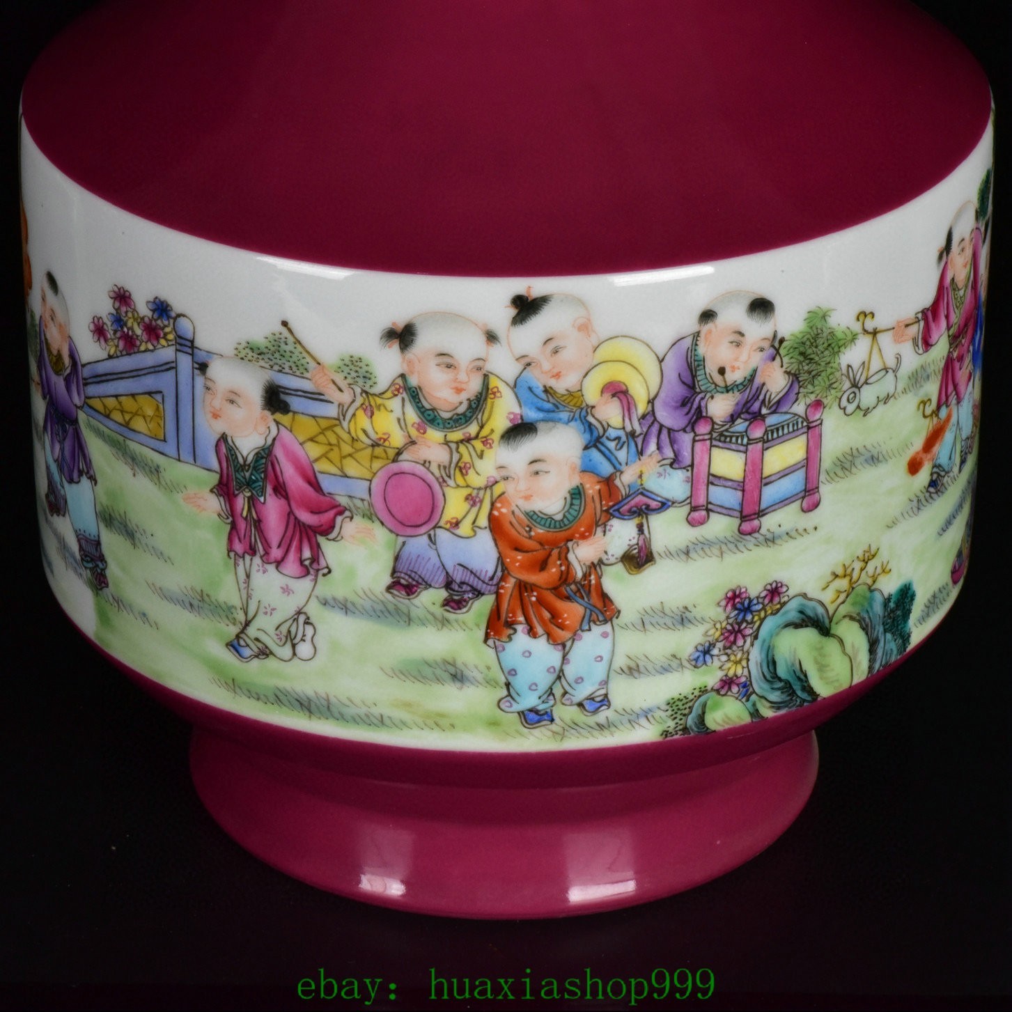 15.7"Purple Glaze Famille Rose Porcelain Gilt Tongzi Kid Boy 2 Ear Bottle Vase