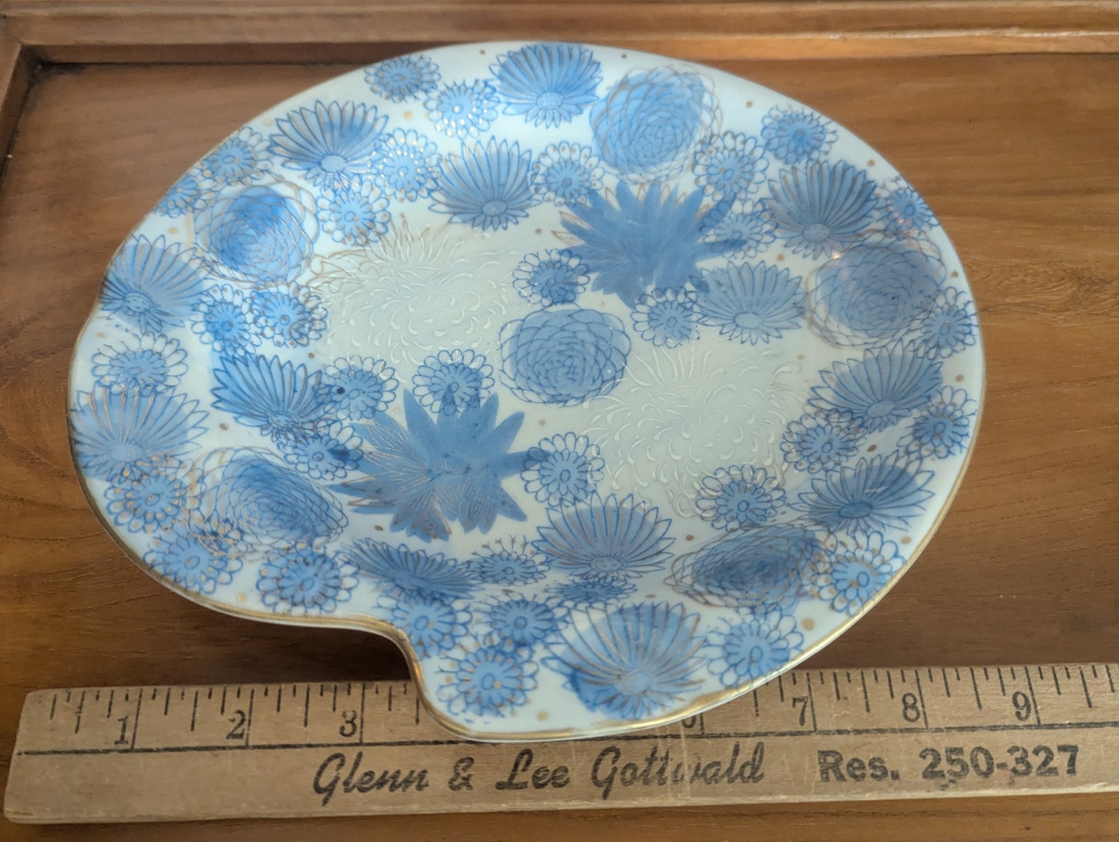 Vtg Kutani Gold Chrysanthemum Flower Japan Blue Trinket Dish Ashtray MCM Art