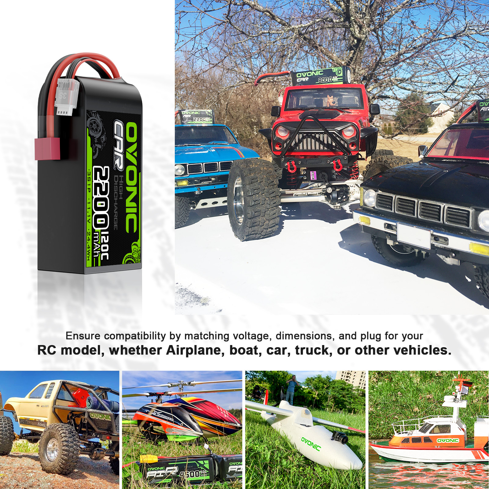 2X OVONIC 11.1V 120C 2200mah 3S Short Lipo Battery T for RC Car truck buggy boat