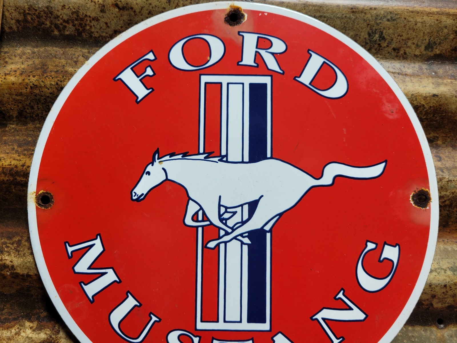 VINTAGE FORD MUSTANG PORCELAIN SIGN OLD FOMOCO MOTOR SERVICE AUTO PARTS HORSE