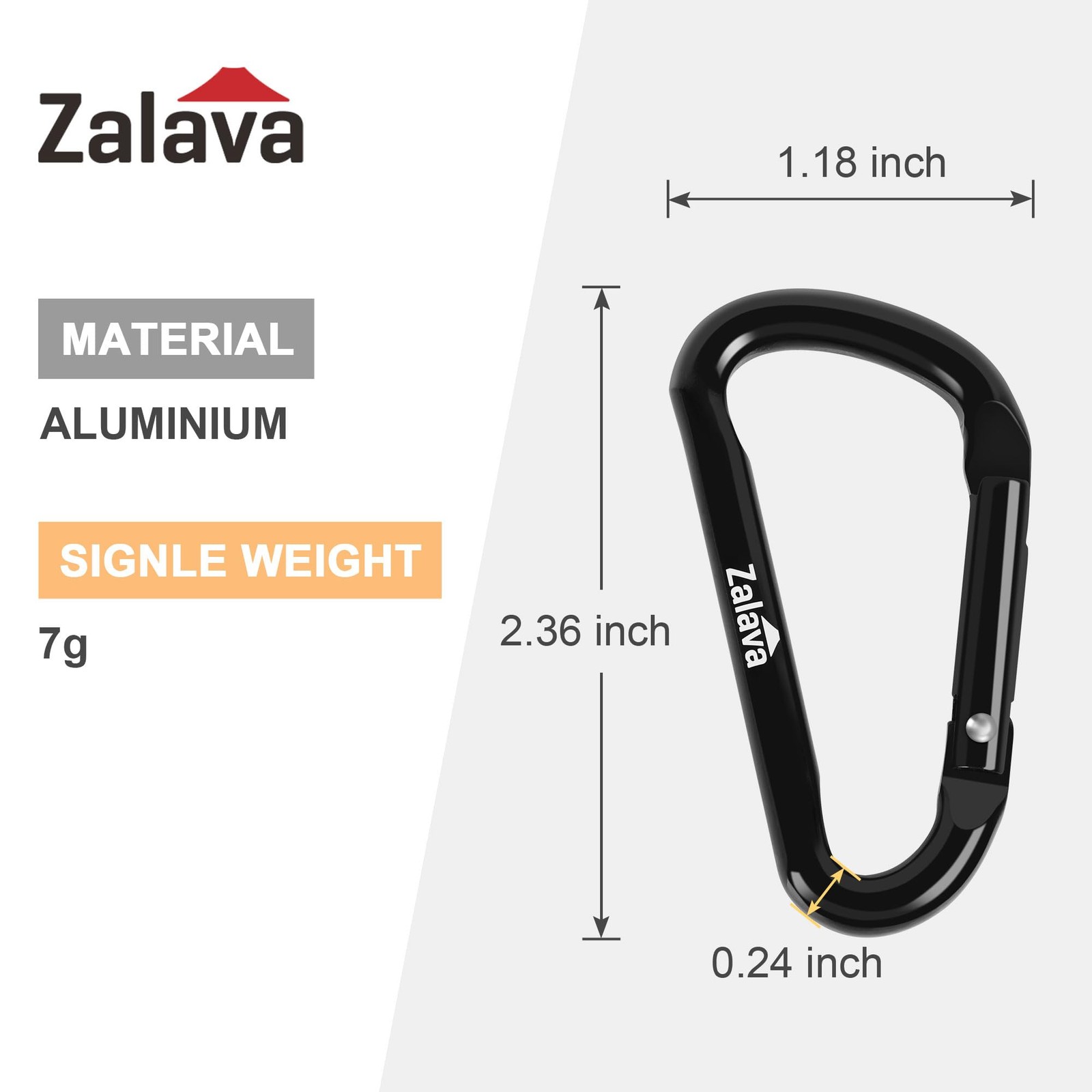2.3'' Carabiner 6-Pack, D-Ring Aluminum Clips Keychain, Black