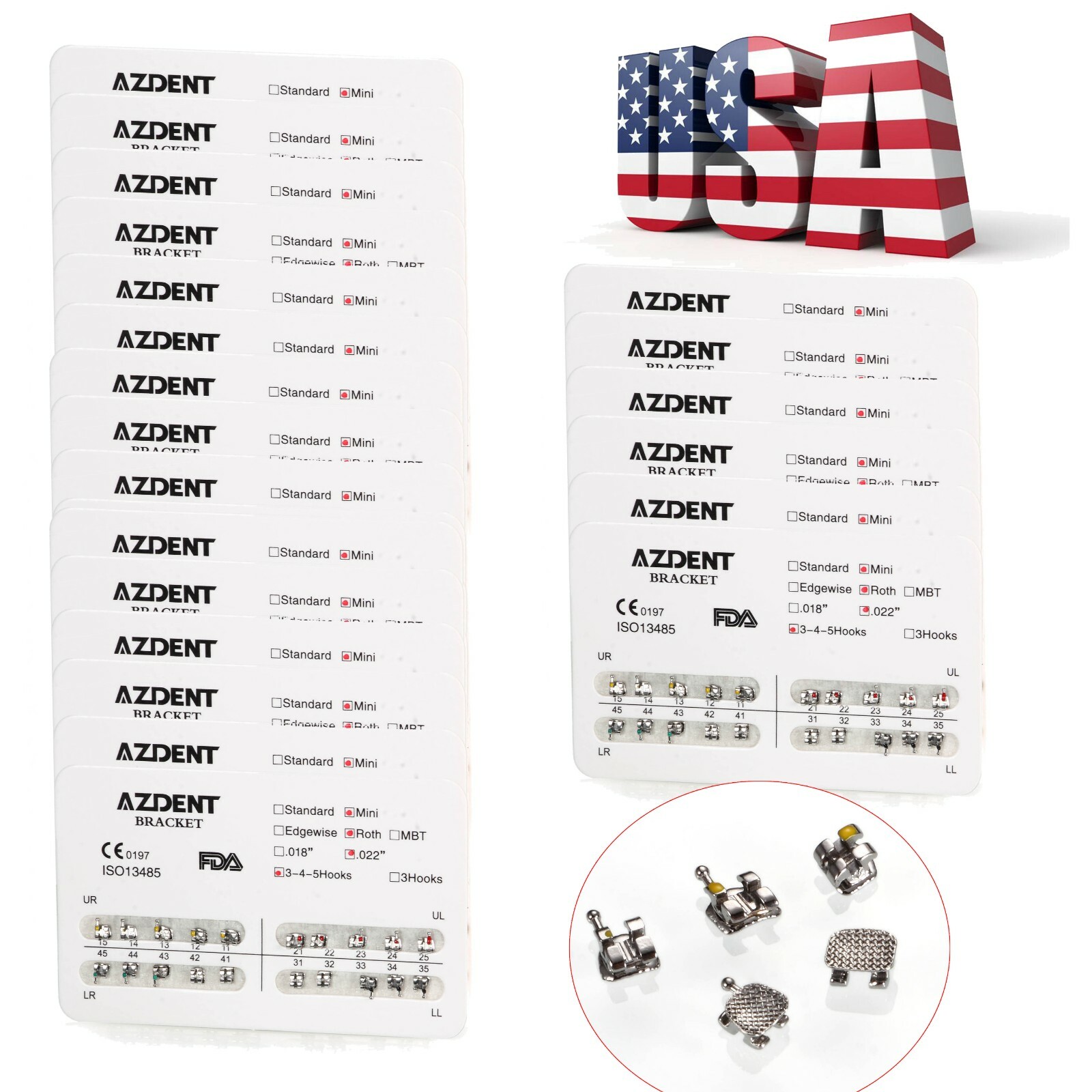 10X AZDENT Dental Orthodontic Brackets Braces Metal Mini MBT/Roth.022 Hook 3 4 5