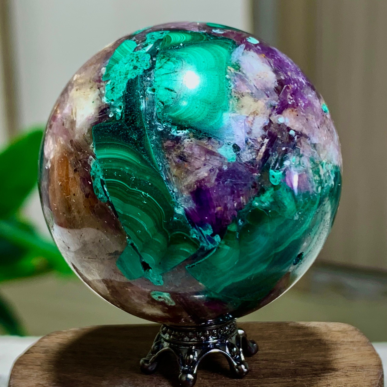 129G Newly discovered rare malachite purple mica symbiotic sphere restoration