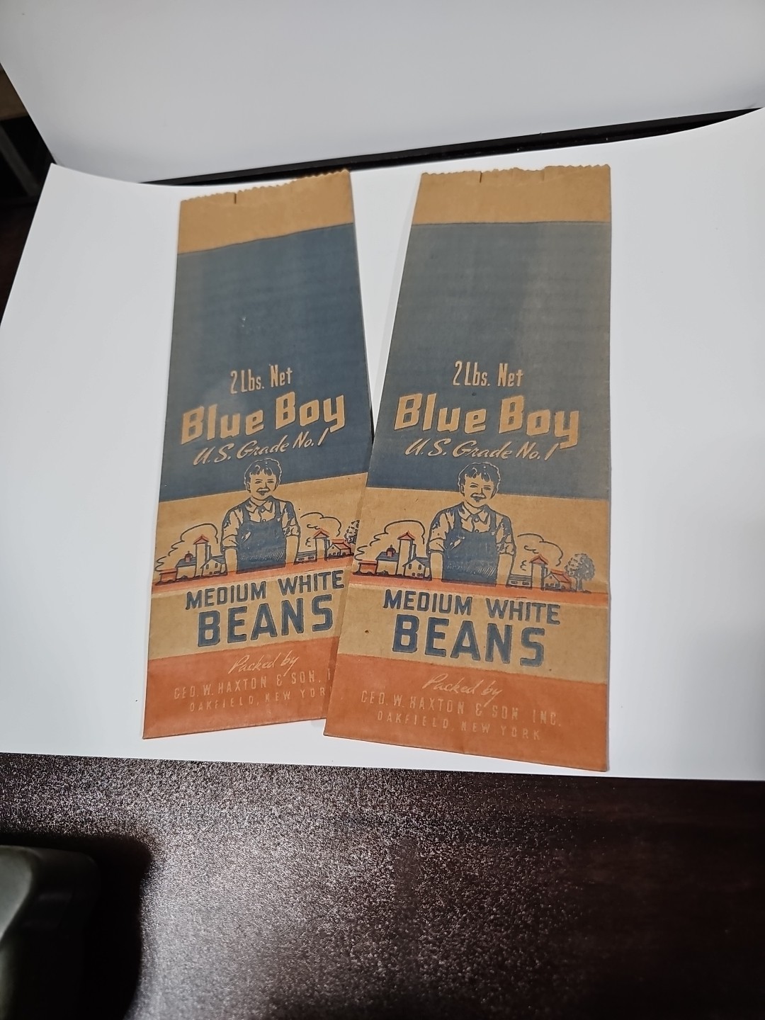 Lot of 2 1940s Blue Boy Medium White Bean Bags. Oakfield, NY Advertising