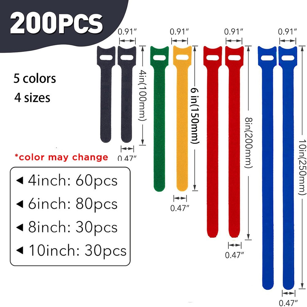 200PCS 4+6+8+10" Reusable Cable Ties Wire Cord Management Adjustable Organizer