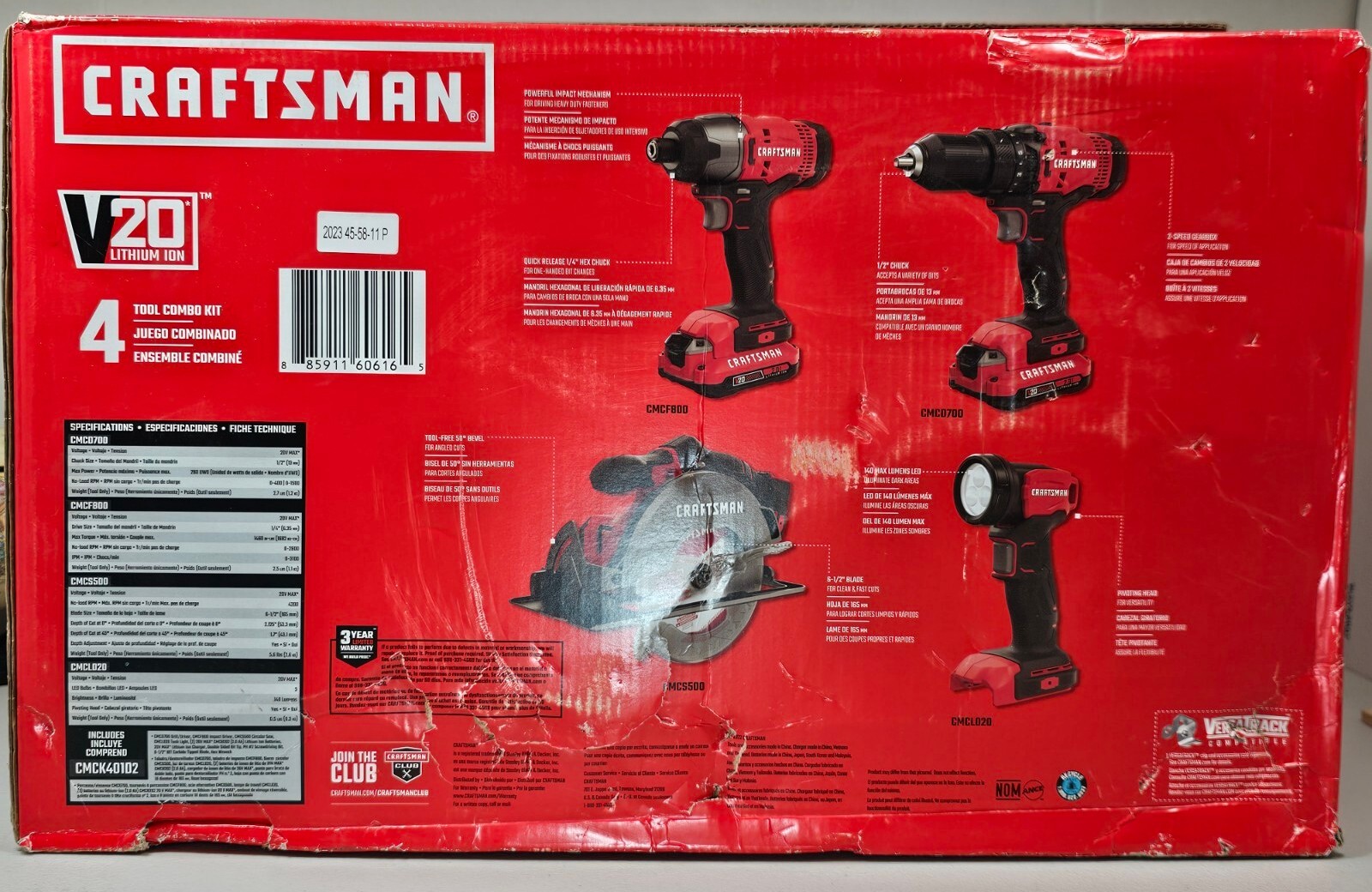 Craftsman CMCK401D2 V20 Li-Ion 4 Tool Combo Kit + (2) 2.0 AH Battery Cordless
