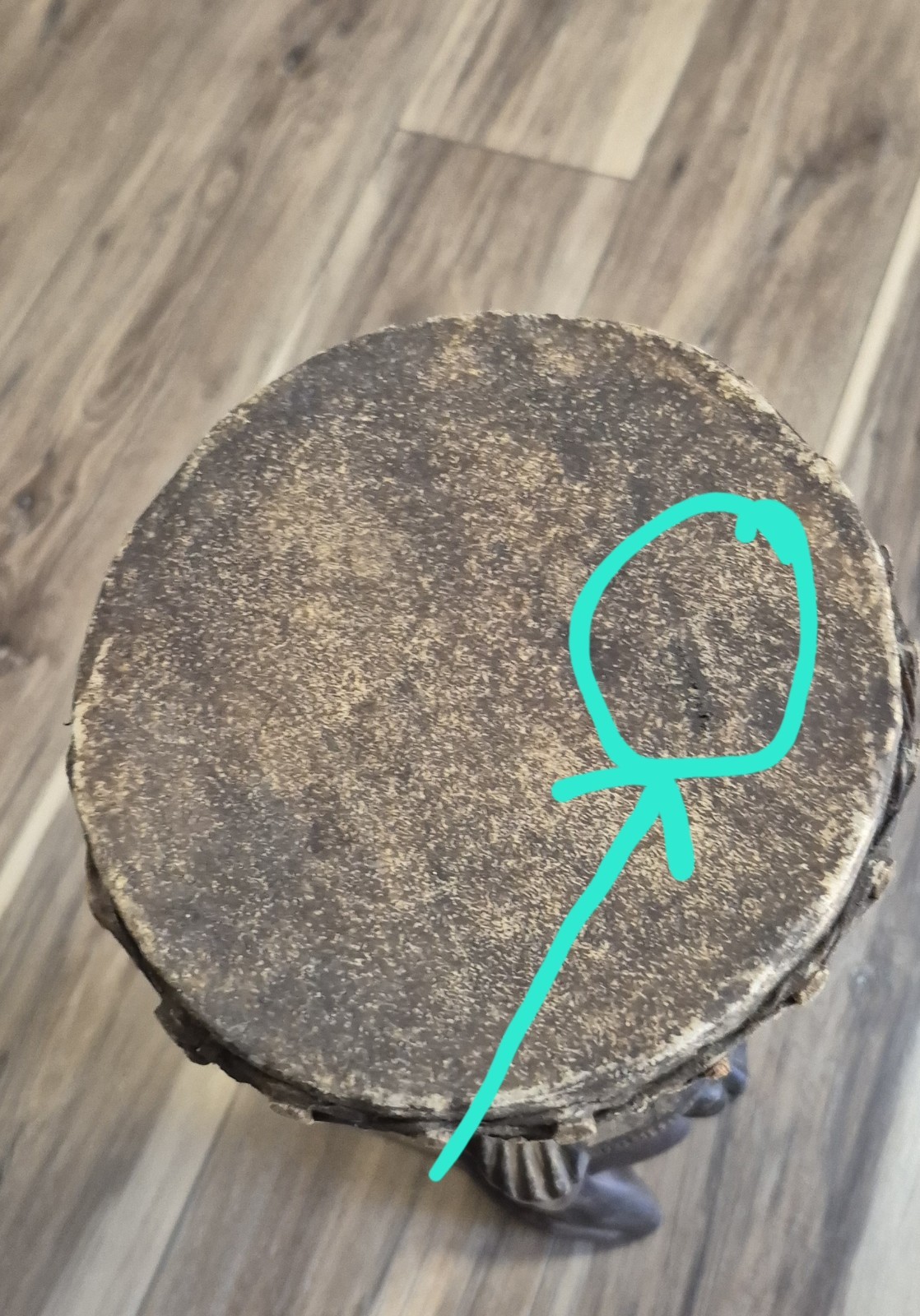 African Luba Female Wood Statue With Drum 21"H 7.5"W