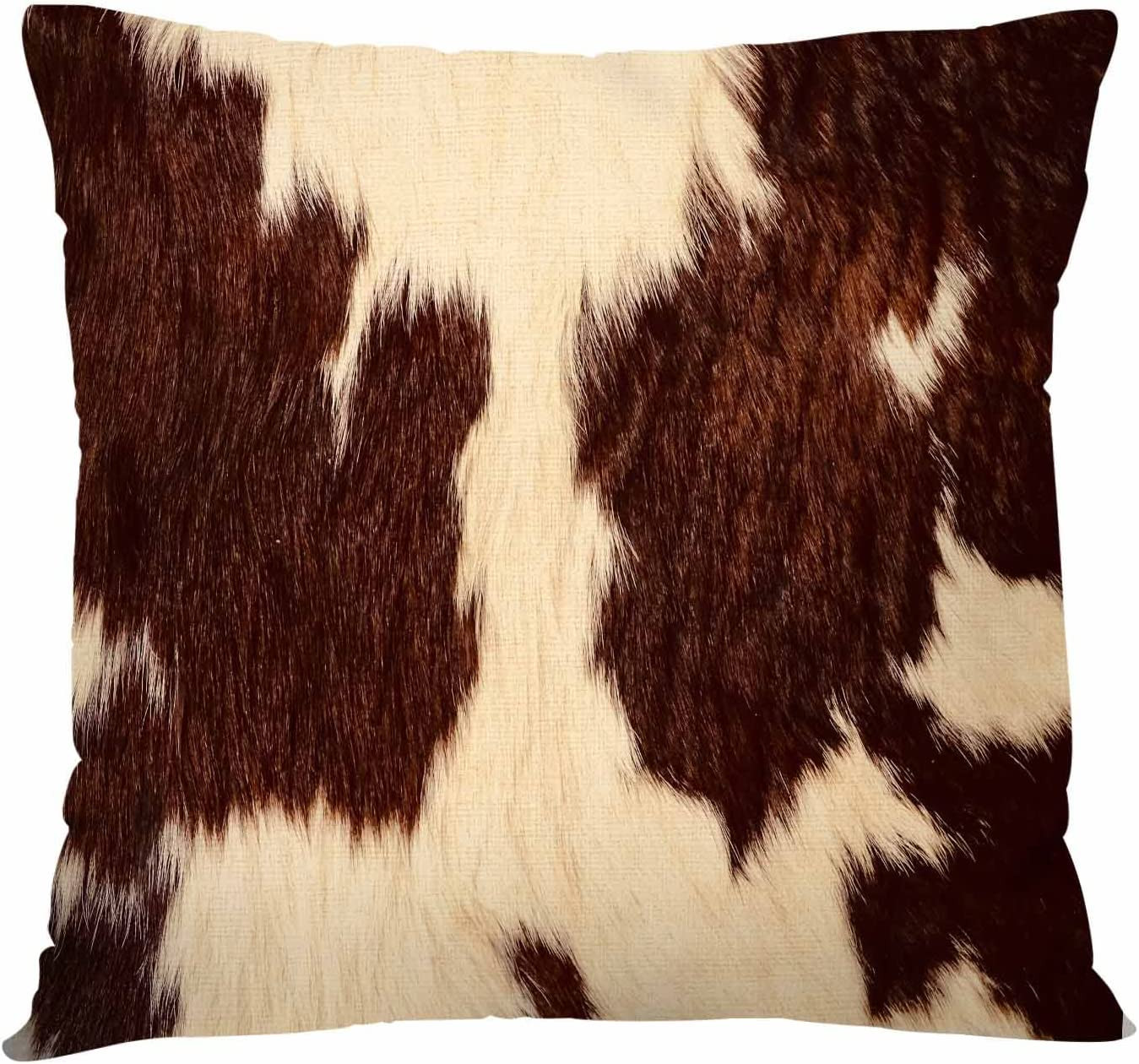 Cowhide Print Throw Pillow Covers Cow Hair Skin Brown White Cotton Linen 18X18