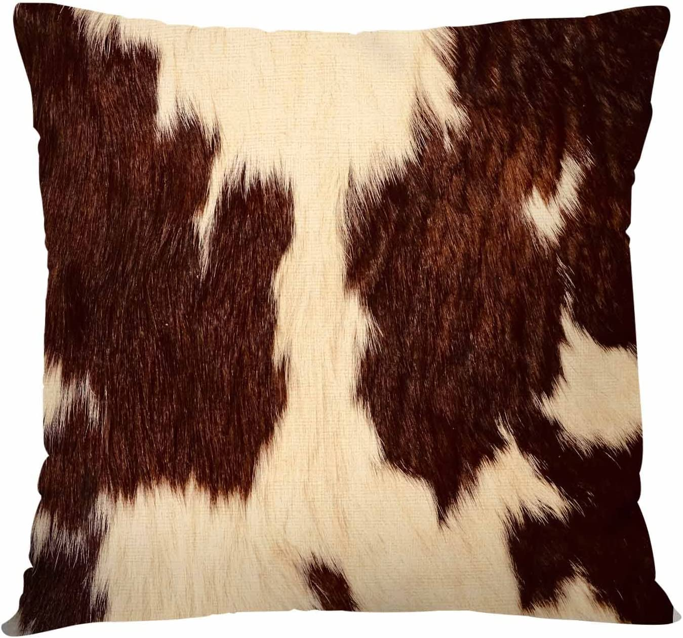 Cowhide Throw Pillow Covers 18X18,Cow Hair Cow Skin Brown and White Cotton Linen