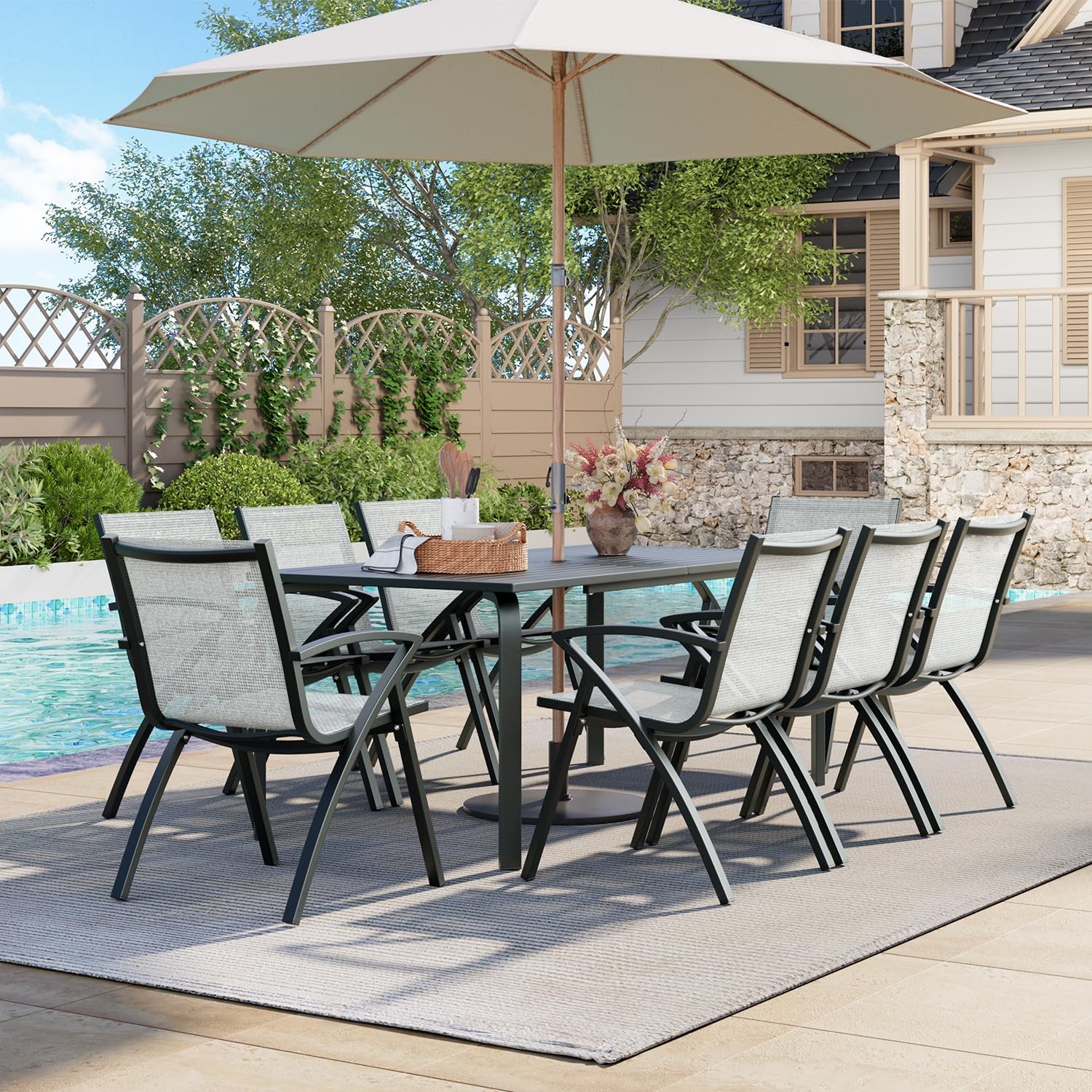 Outdoor Dining Table 71" Marine Grade Aluminum Umbrella Hole Rust Proof for Pool