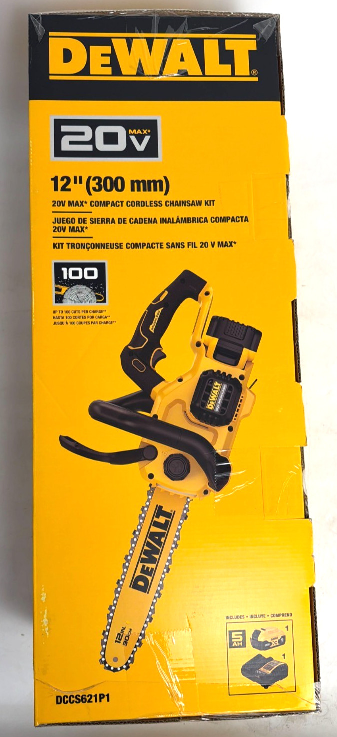 [NEW] (DCCS621P1) DEWALT 20V MAX* 12 in. Compact Brushless Cordless Chainsaw Kit