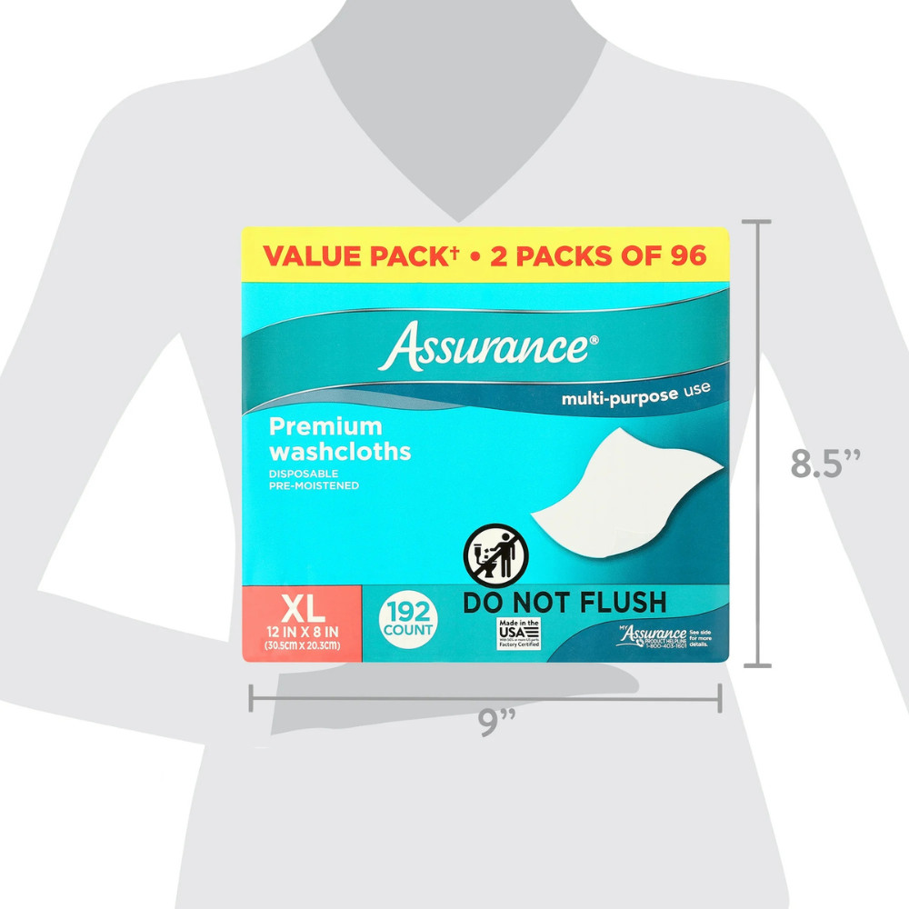 New Assurance Premium Disposable Washcloths Pre-Moistened Body Wipes, XL, 192 Ct