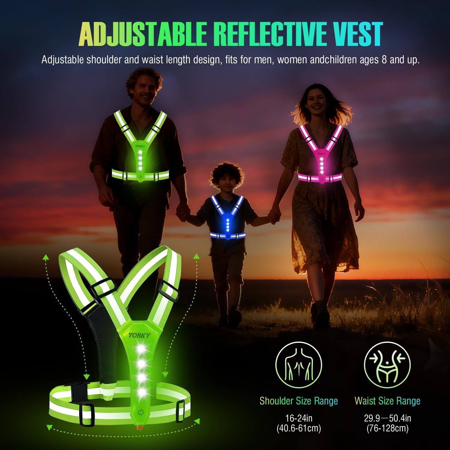 8 LED Running Reflective Gear Rechargeable Adjustable Running Lights Vest Safety