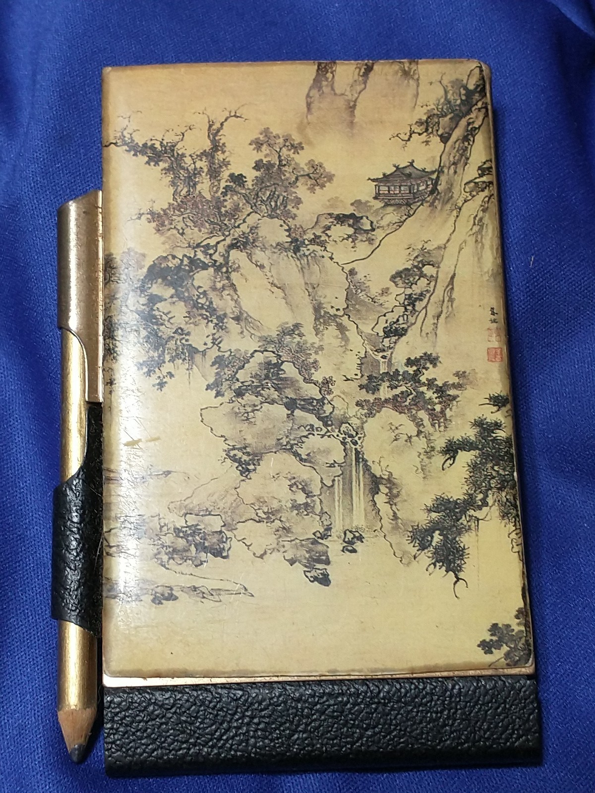 VINTAGE Celluloid Cover Pocket Notebook Mini “Memo” Notepad With Pencil PAGODA