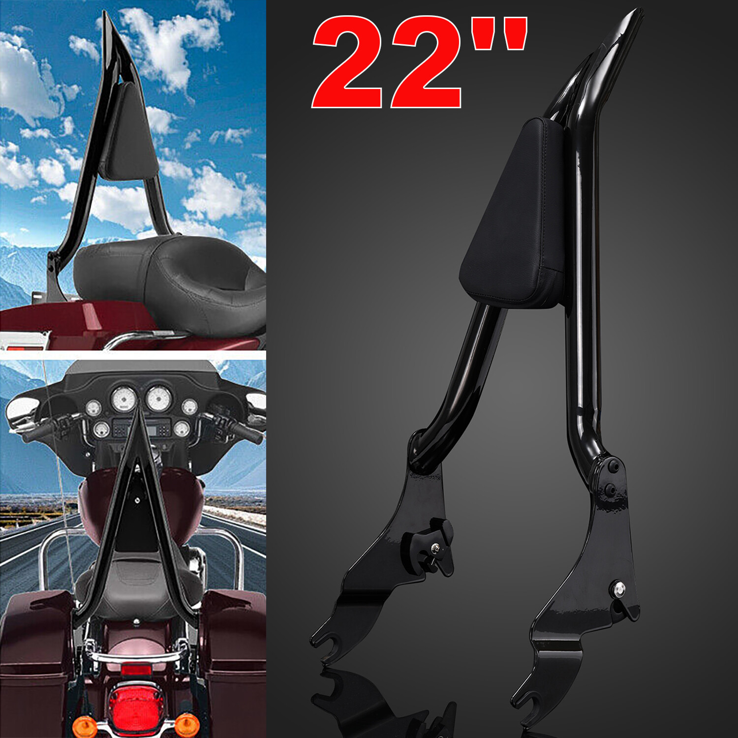 22" Passenger Backrest Sissy Bar For Harley Touring Road Street Glide 2009-2025