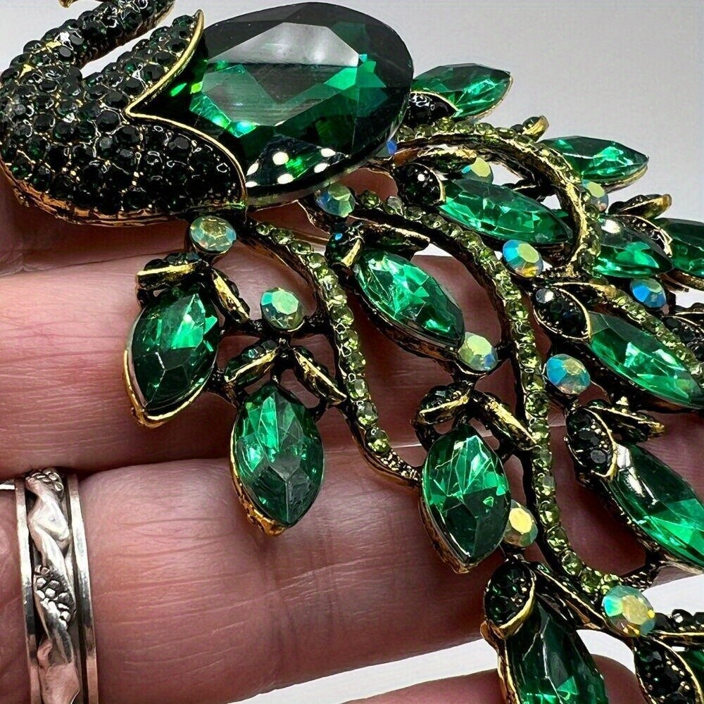 PEACOCK BROOCH Pin Pendant Green Navette Ab Rhinestone Bird Costume Jewelry