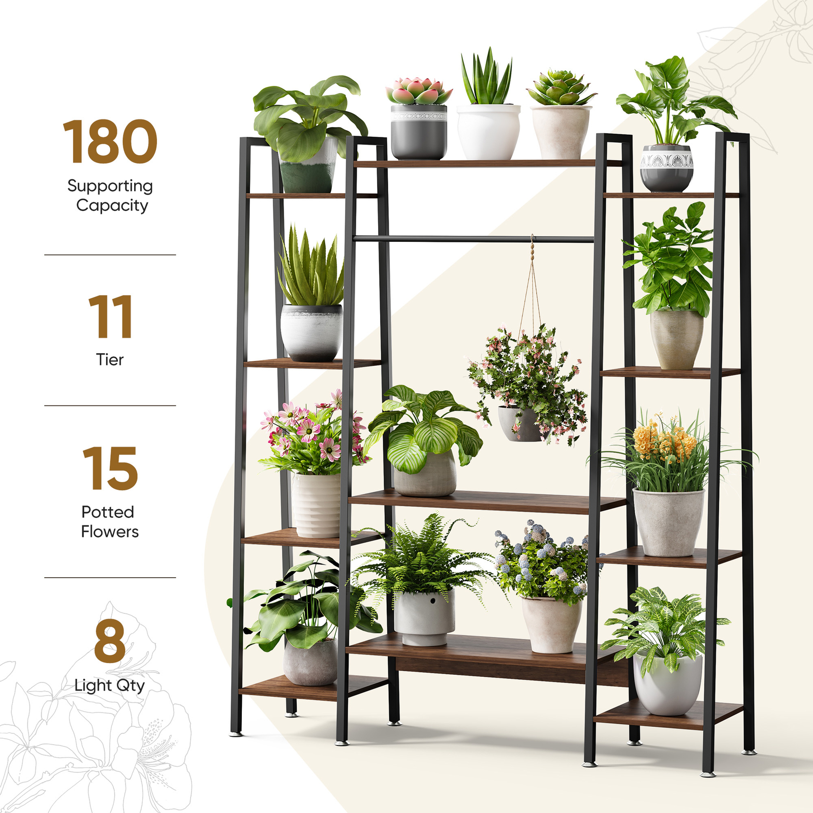 11 Tiers Plant Stand Holder Shelf with Grow Lights Tall Plant Display Rack Metal