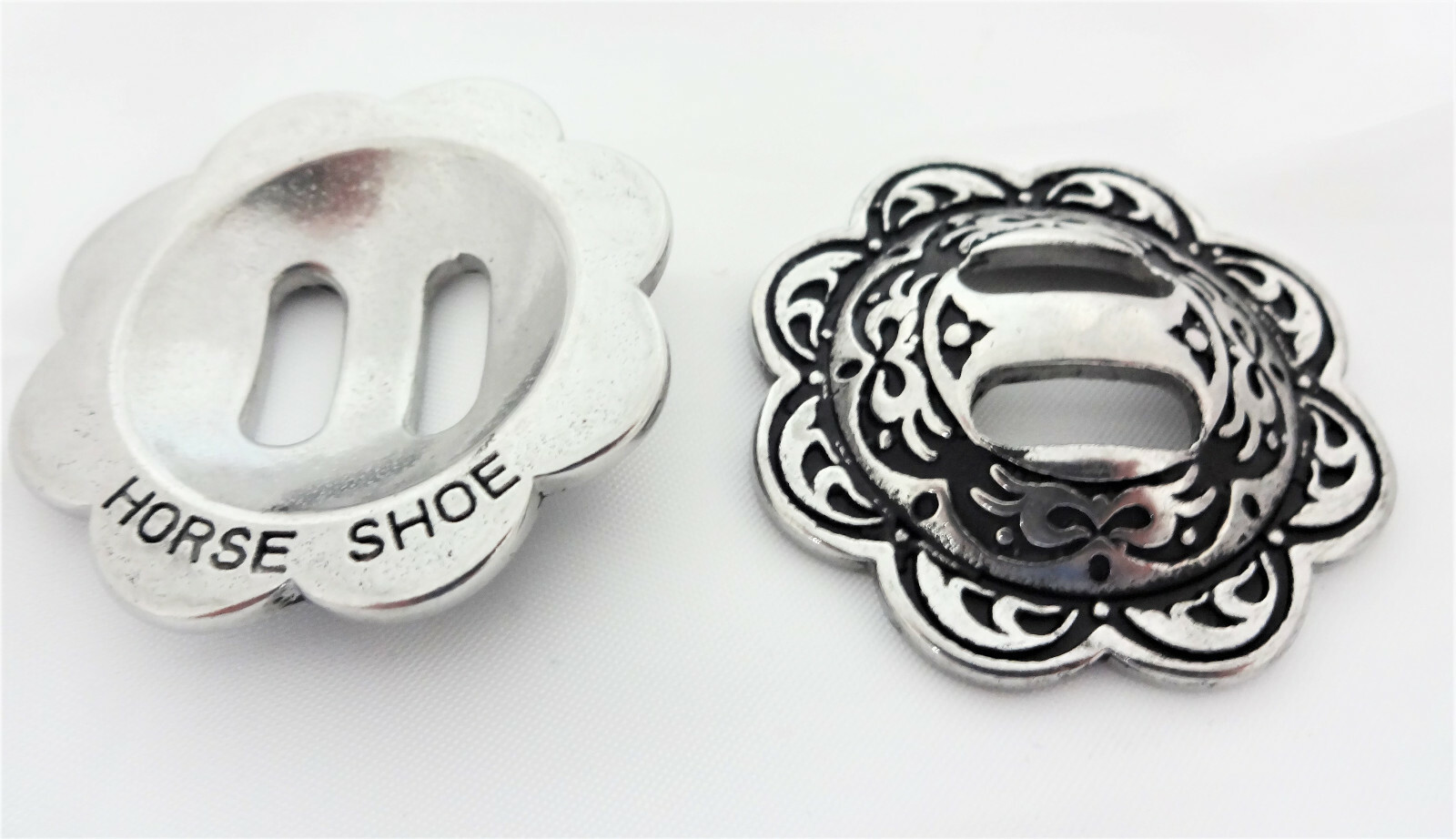 Pair Jeremiah Watt Slotted Conchos Floral Horse Tack Slots Stainless Steel Black