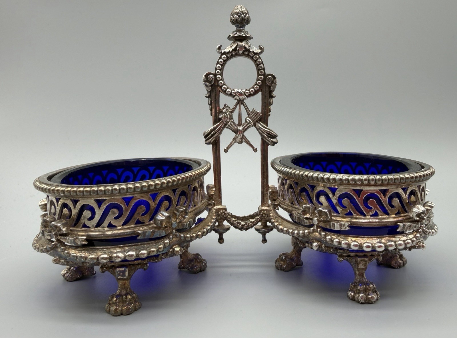 Belgian .900 Silver Double Salt Cellar with Cobalt Glass Liners, 334 grams