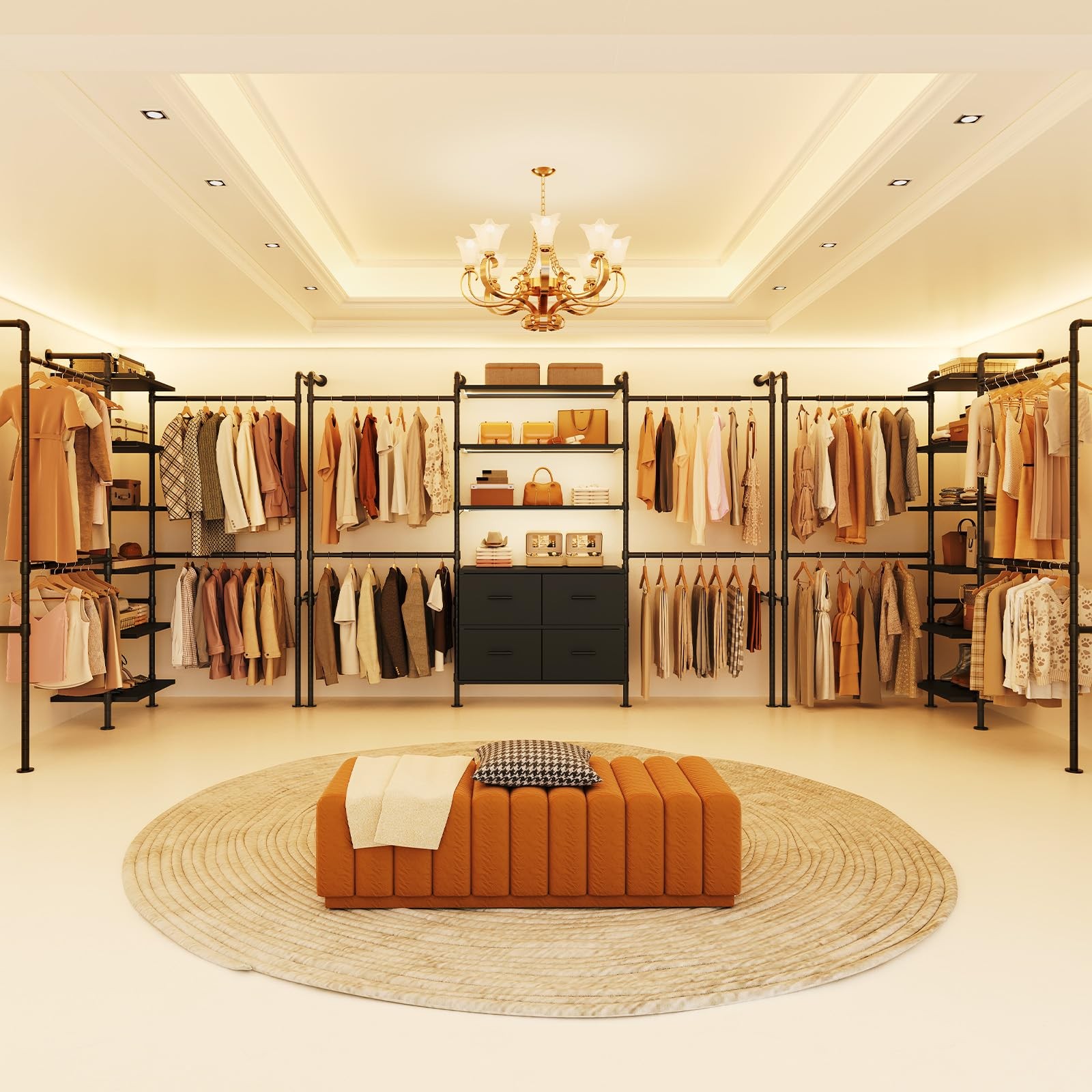 Wall Mounted Closet System 6 Wooden Shelves 4 Telescopic Rods Heavy Duty Black