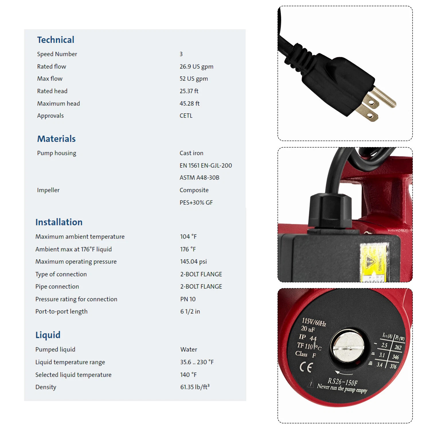 For Grundfos UPS26-150F Cast Iron Circulator Pump 115V 1/3 HP Cast Iron 95906630