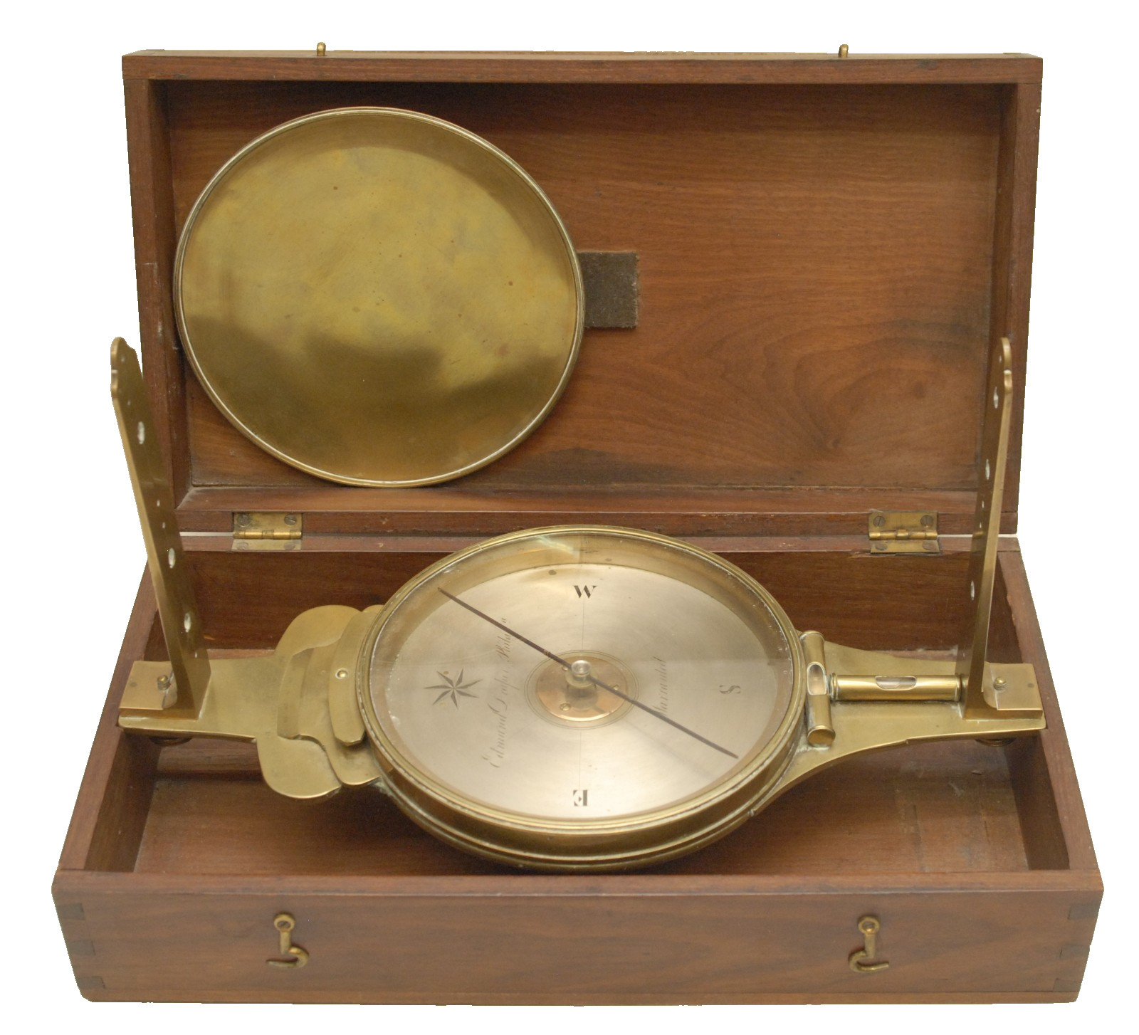 ANTIQUE EDWARD DRAPER PHILADELPHIA BRASS SURVEYORS COMPASS IN MAHOGANY WOOD CASE