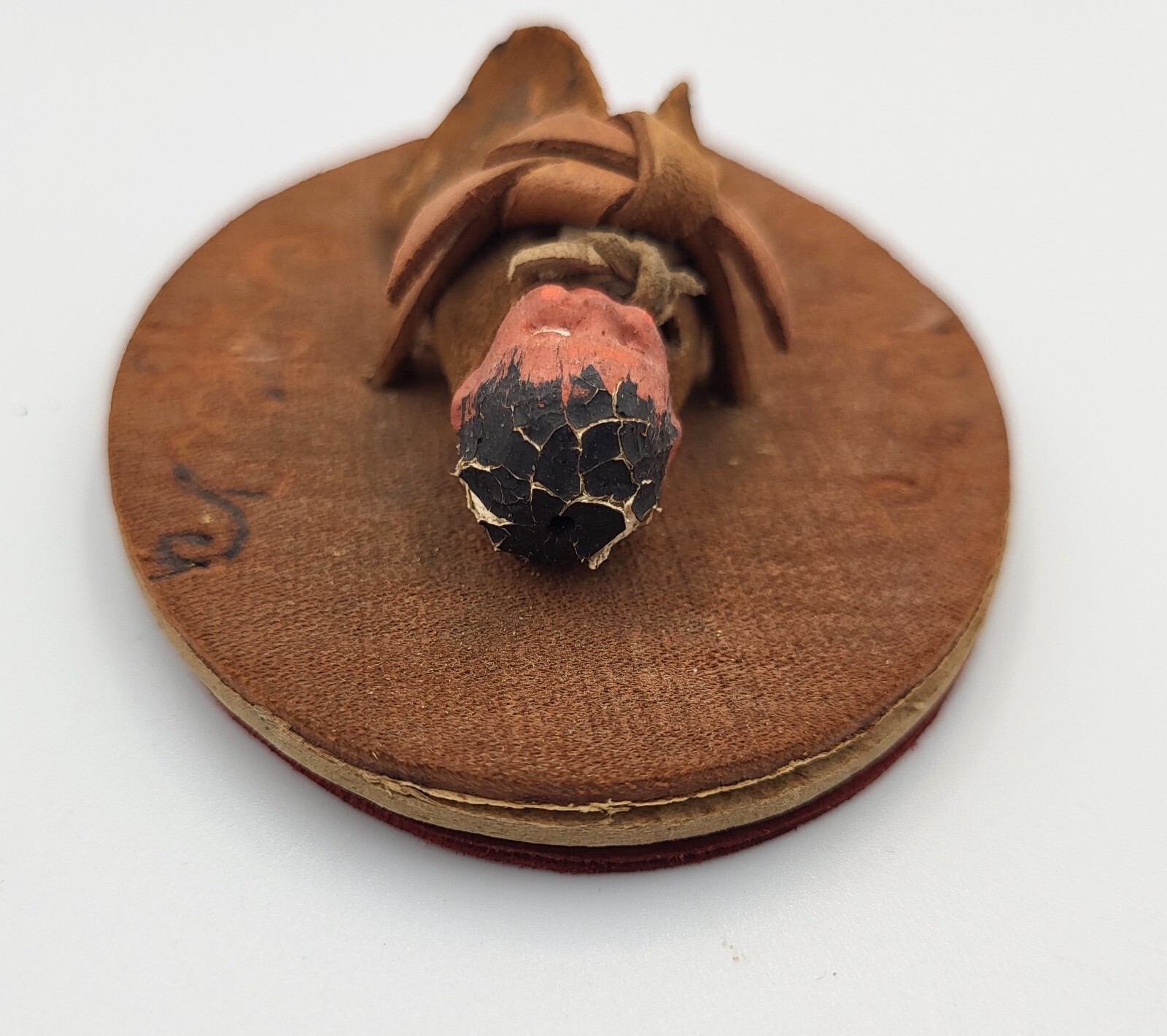 Antique Hand Crafted Clay And Leather Native American Papoose Cradle Doll