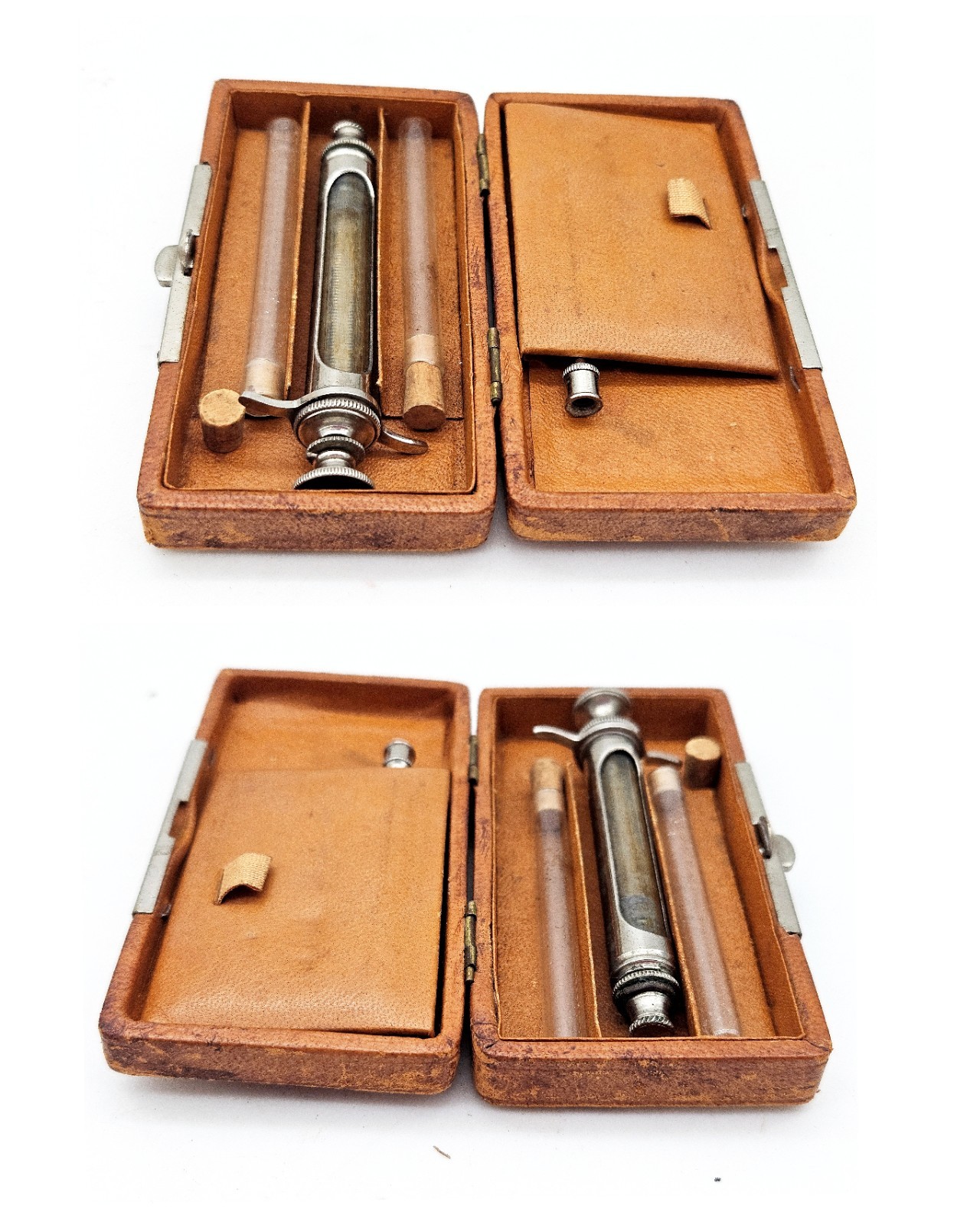 Antique Medical Surgical Glass Metal Syringe Hypodermic Leather Case Set Needle