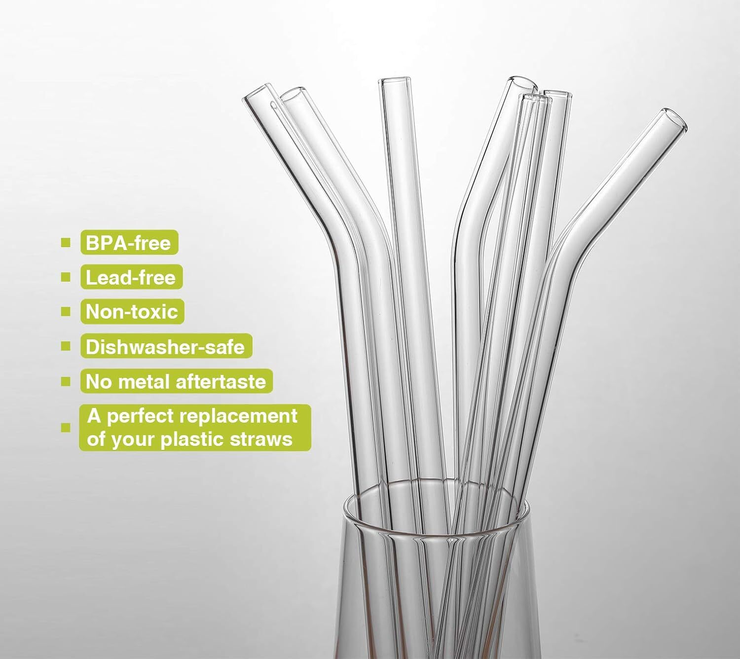 12 Pcs Reusable Glass Drinking Straws 6 Straight & 6 Bent 8x8mm with 2 Brushes