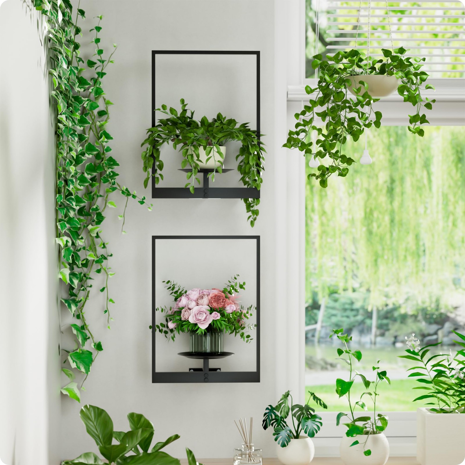 Black Metal Wall Plant Holder - 2-Pack Wall Mounted Plant Stands and Hanging ...