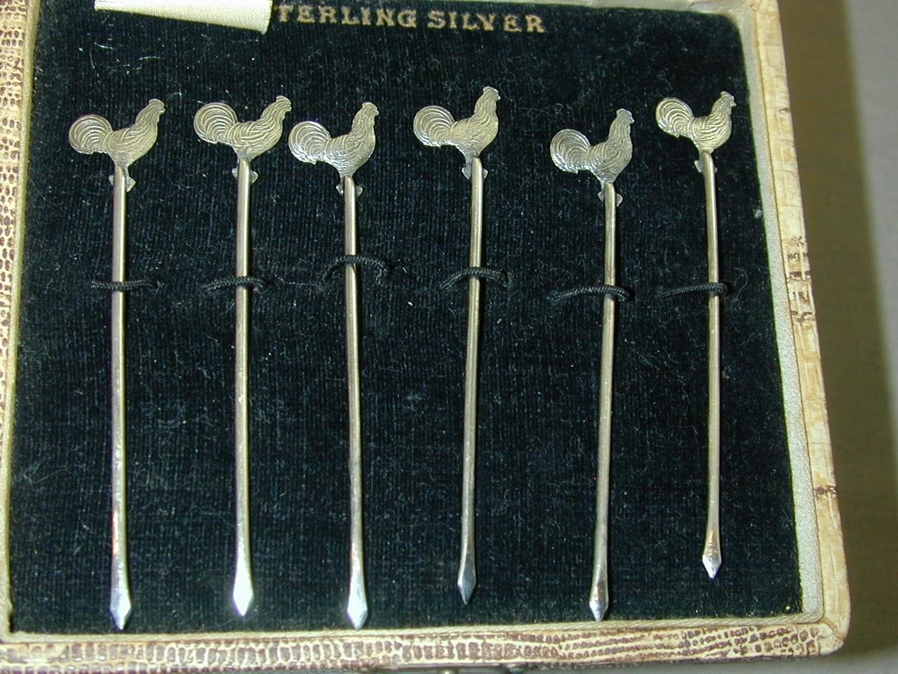 Art Deco Sterling Guilloche Enamel Rooster Cocktail Picks Original Box