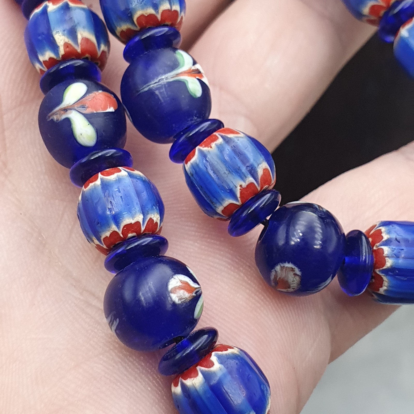Vintage Venetian Cobalt Blue Floral & Striped Murano Style Beaded Necklace