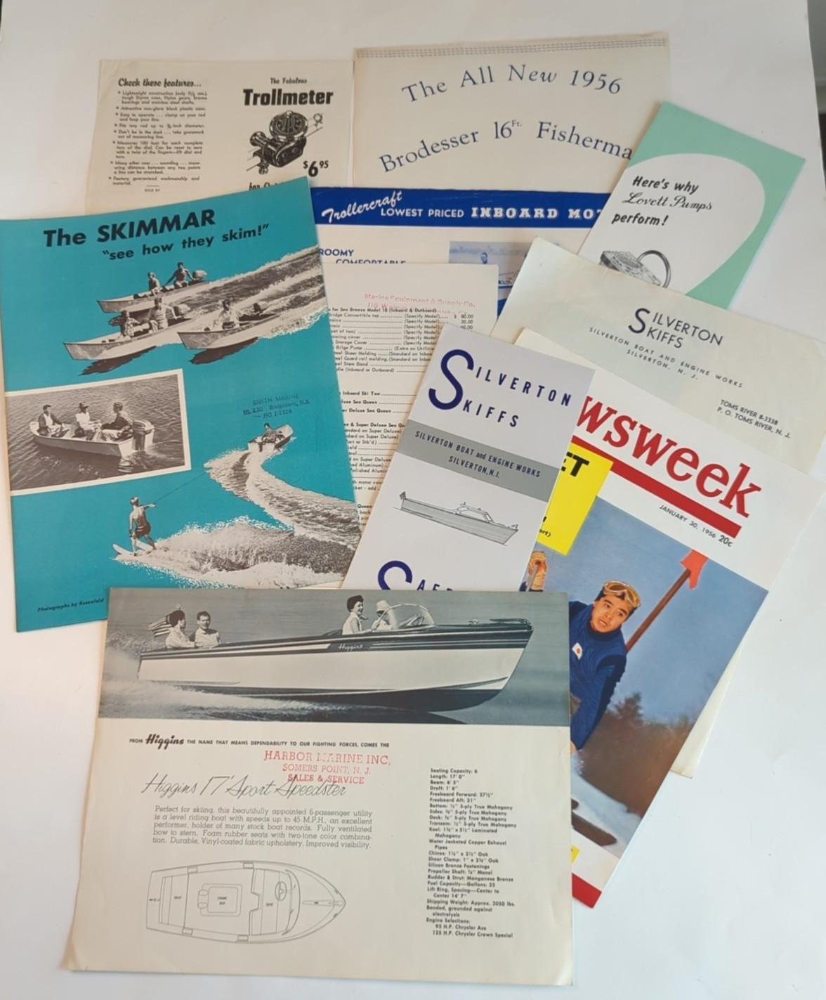 Lot Vintage 1956 Boat Brochures Catalogs Skimmar, Silverton Skiffs, Trollercraft
