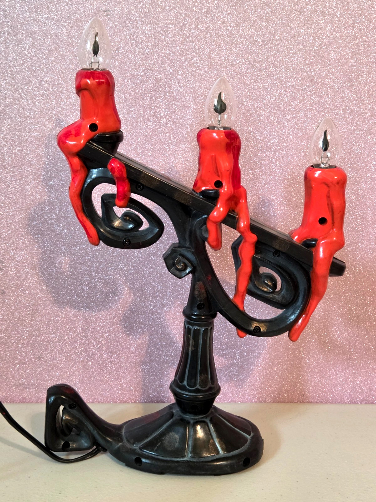Vintage Gemmy Halloween Flicker Flame CANDELABRA Red Candles WORKS 13"