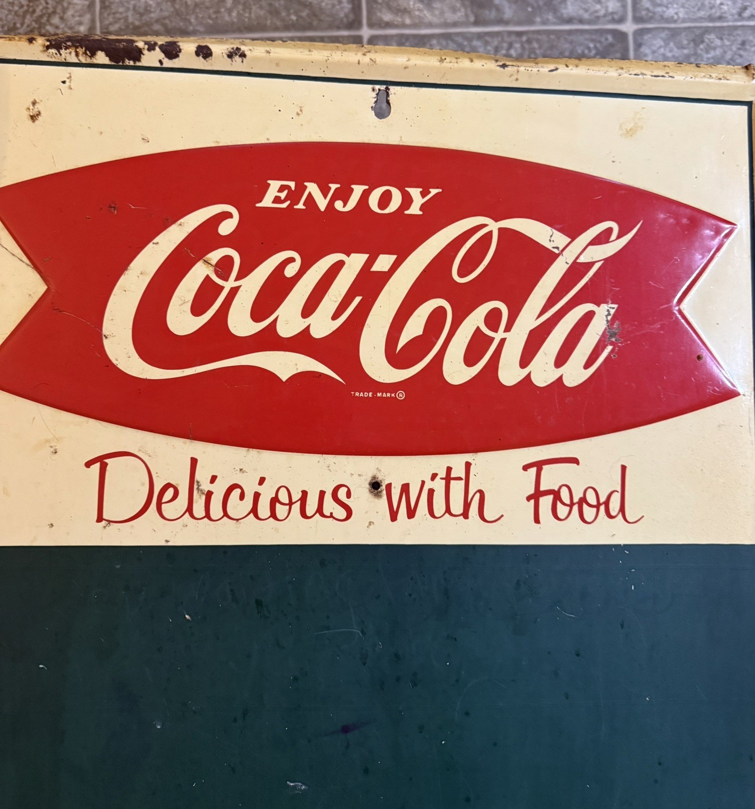 1950's Coca Cola Fishtail Delicious with Food Metal Menu Chalkboard Sign!