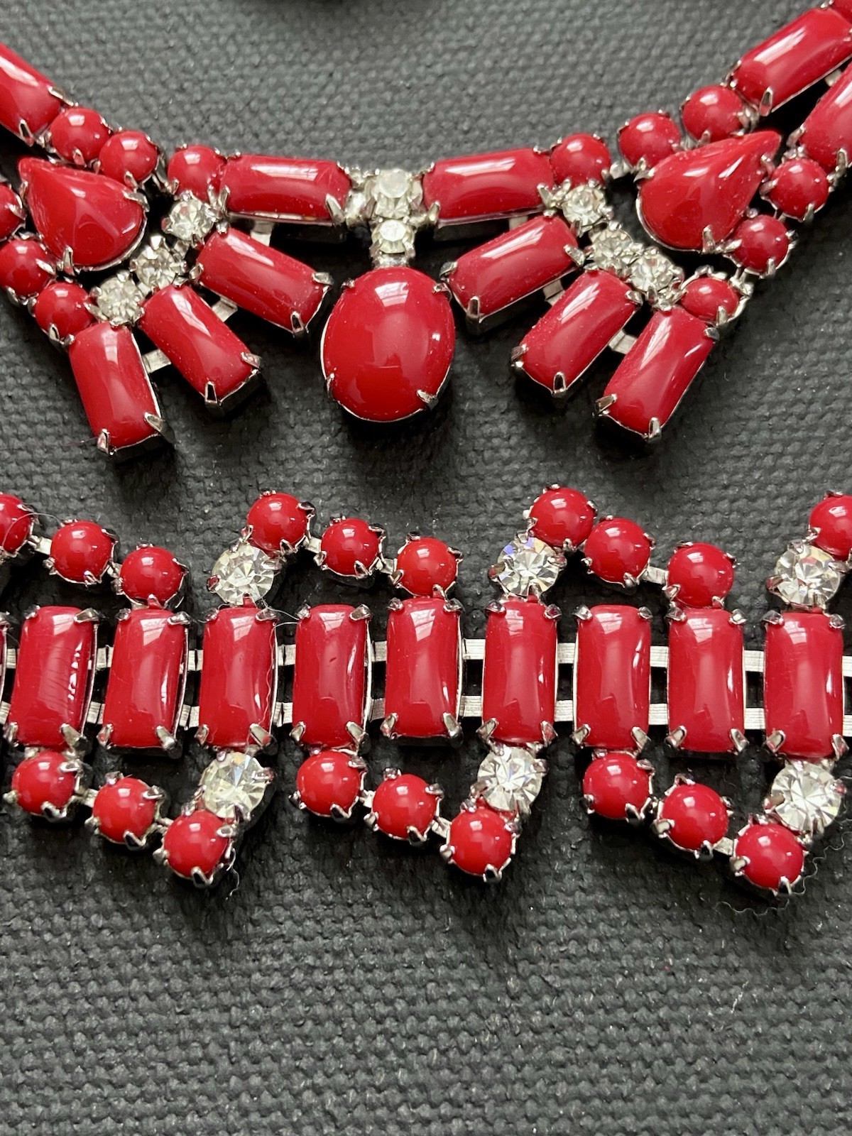 Vintage By Gale Demi Parure Deep Red Rhinestone Choker Bracelet Clip Earrings
