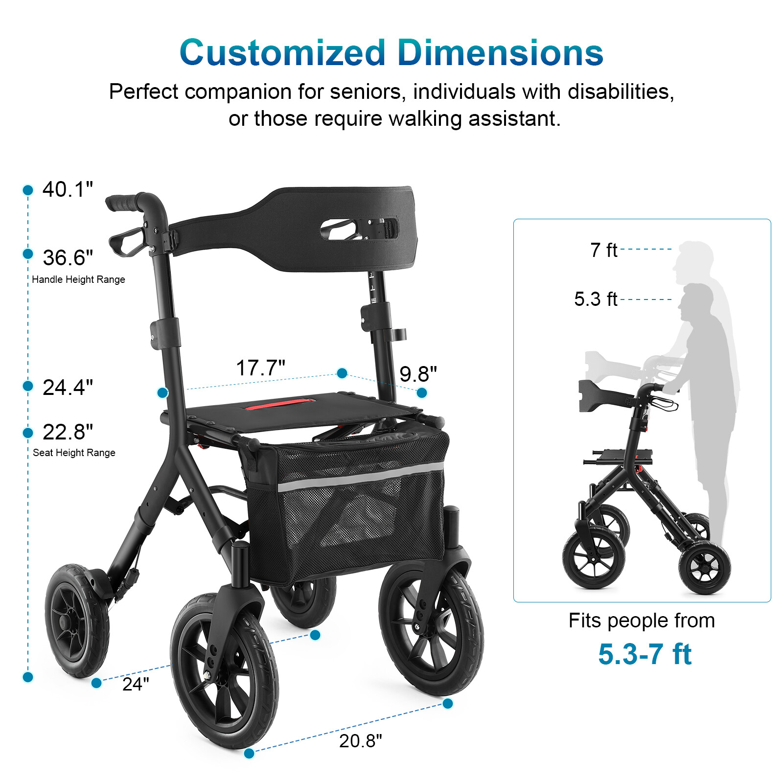 All-Terrain Rollator Walker with 12inch Rubber Wheels, Seat & Backrest, Foldable