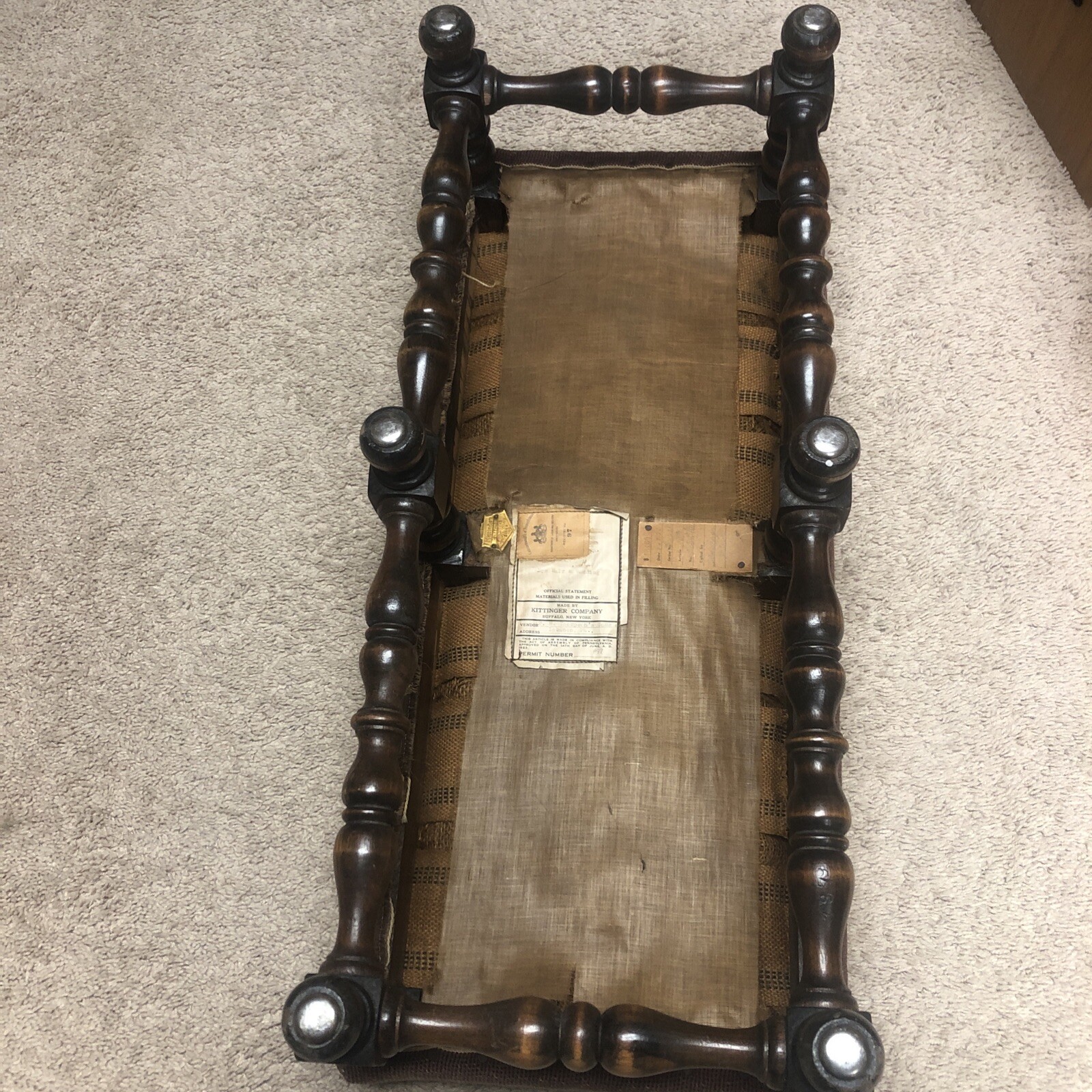 Antique Wood KITTENGER Footstool Ottoman Embroidered Needlepoint Flowers Rare