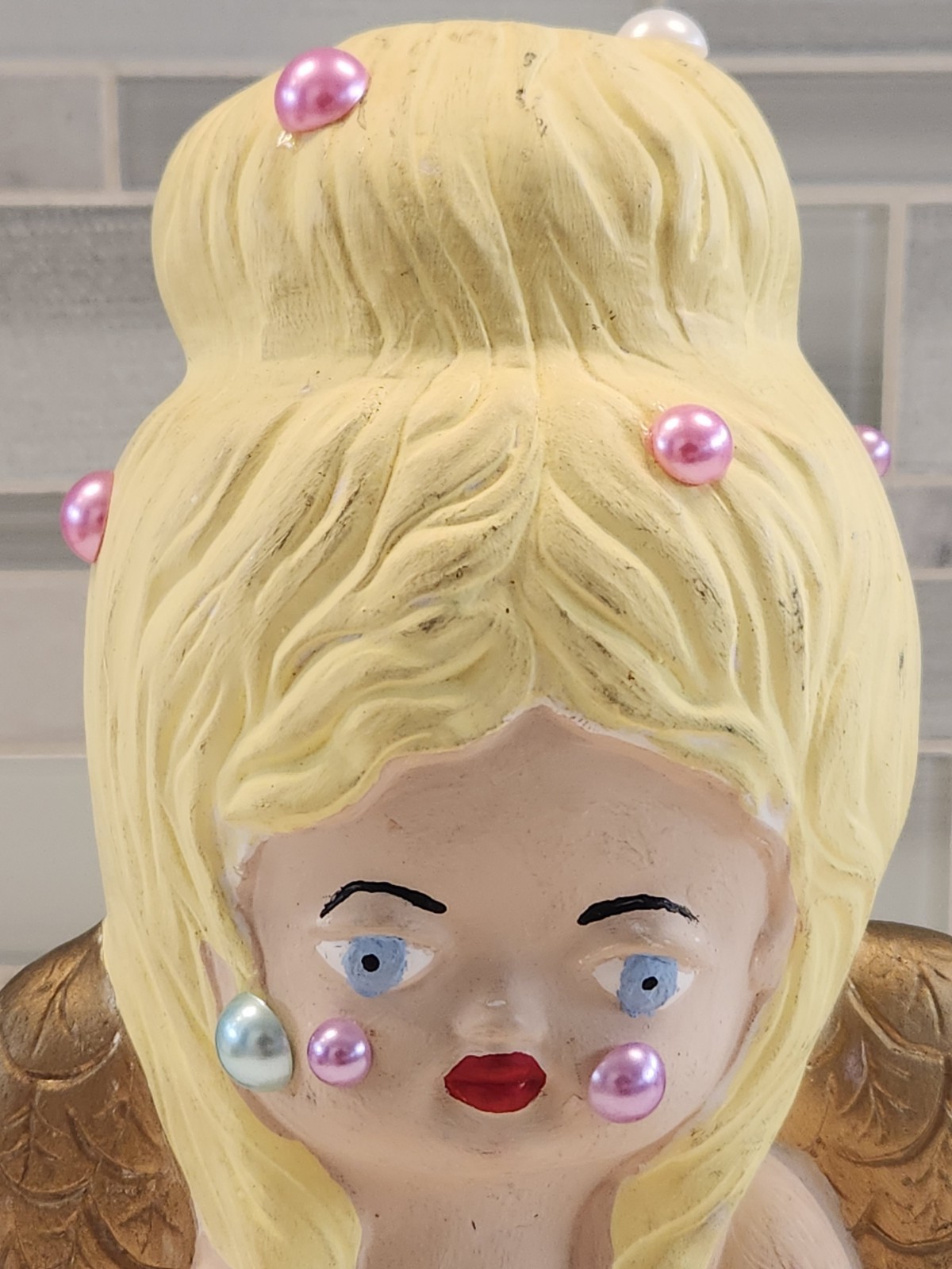 Weird Blonde Winged Angel Cherub 9.5" Statuette Figure 1982 Kathy's Ceramics